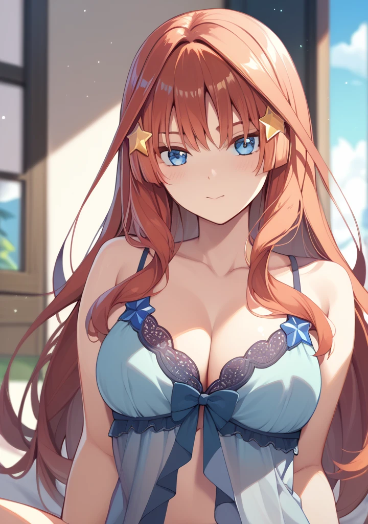 Itsuki Nakano、long red hair、Star-shaped hair ornament、Ahoge、huge tit、( very、pantiy)、(red blush:1)、is standing、耳 Ring、a smile、(A sexy)