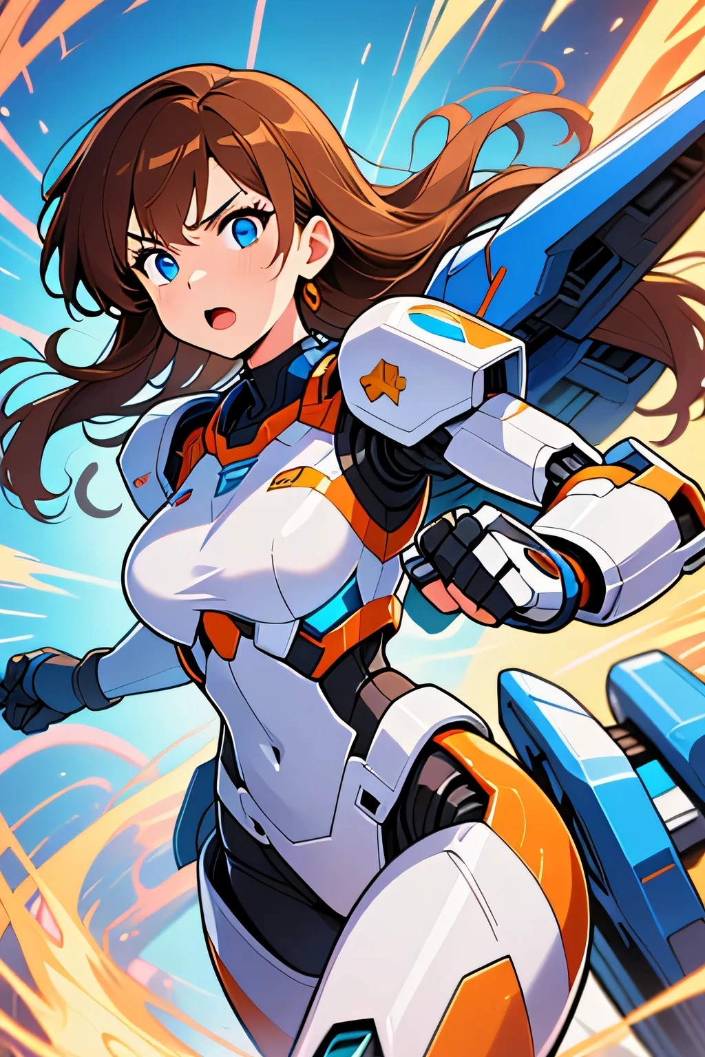 Dirkje Hawwa (young female warrior, long brown hair, expressive blue eyes) wearing (futuristic white mecha suit with vibrant blue and orange trim) about ready to punch, background of swirling blue  orange yellow energy.