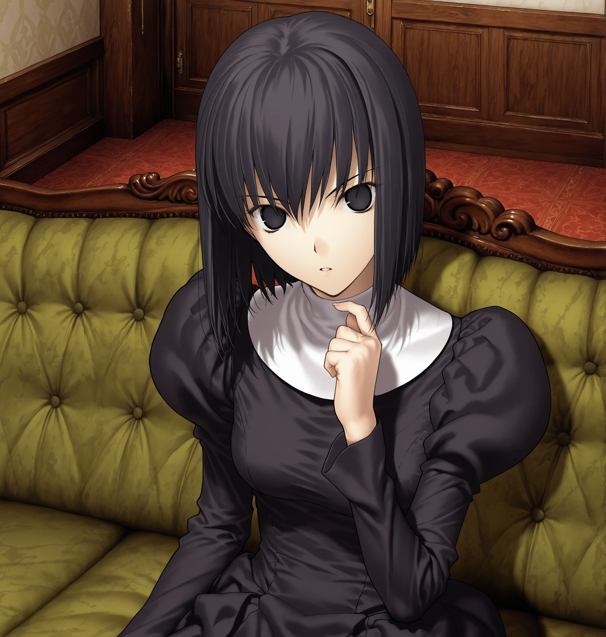Witch on the Holy Night Style,Kuonji Alice,1girl, solo, black hair, dress, black eyes,(no pupils),  ,short hair, sitting, looking at viewer, , hand up, parted lips, Alice_Uniform, black dress, long sleeves, juliet sleeves, habit ,nun, ,sitting, green sofa, (detailed background),indoors, ,(white light), head tilt,
<lora:Witch on the Holy Night_illustriousXL:1>,from above,