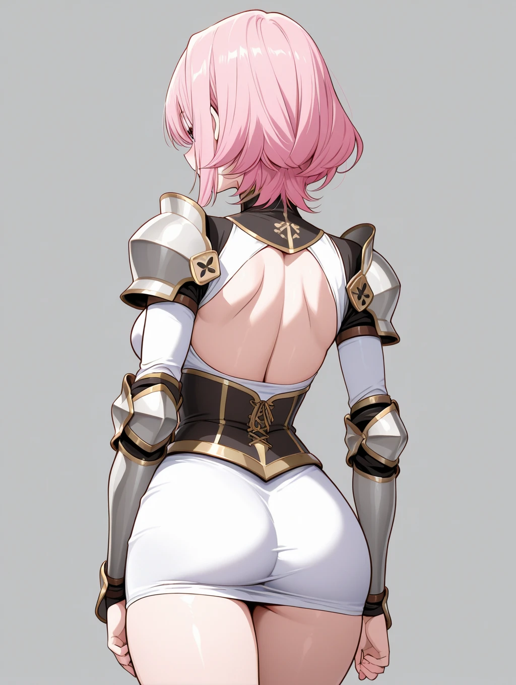 score_9, score_8_up, score_7_up, zPDXL, zPDXLpg, <lora:offset_0.2:0.1>, <lora:spo_sdxl_10ep_4k-data_lora_webui:1>,
1girl, solo,
noahnikke, pink eyes, pink hair, short hair, headgear, sparkle hair ornament, black bodysuit, armor, shoulder armor, breastplate, armored gloves, armored bodysuit, armored boots, pauldrons, shield, hip armor, leg armor, armored skirt, <lora:Noah:1>,
embarrassed, full-face blush, looking back, looking at viewer,
against wall, from behind, ass, standing, ass focus,
indoors