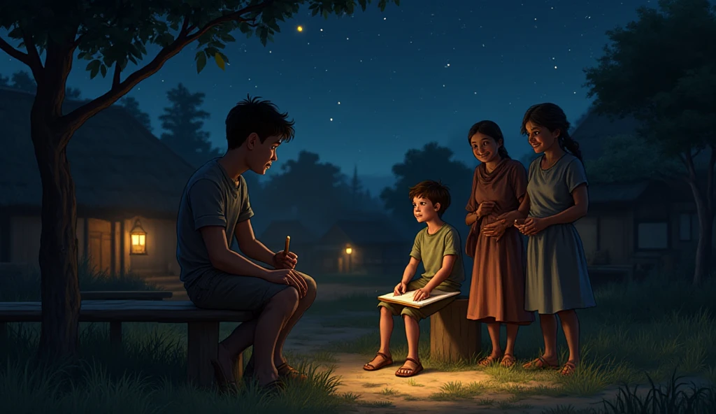 A poor young boy sitting on a wooden bench at night in a small peaceful village, illuminated by a soft warm light shining down on him. He is focused and serious, drawing or writing in a notebook on his lap. Two cheerful villagers, a man and a woman, stand beside him laughing and talking, trying to encourage or tease him. The background shows small houses with thatched roofs, trees, and a starry sky. The scene feels emotional, motivational, and cinematic, with detailed lighting and a painterly illustration style. No text anywhere in the image.

