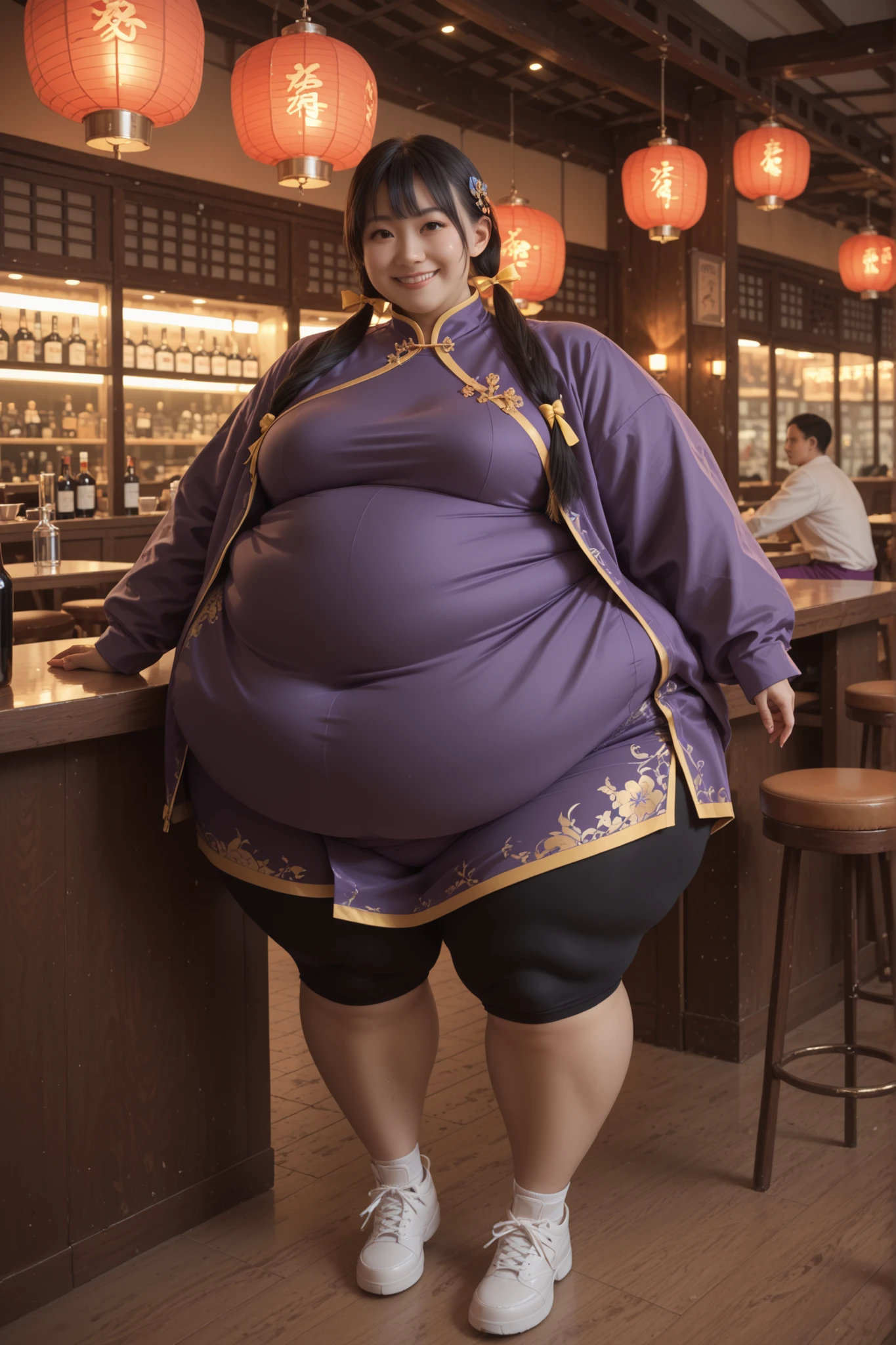 masterpiece, best quality,solo,NM_w_haylin,,1girl, black eyes, long hair, black hair, twin tails, low twin tails, breasts, medium breasts,, long hair, black hair, twin tails, brown eyes, Asian, shirt, long sleeves, hair ornament, ribbon, hair ribbon, open clothes, shorts, open jacket, purple jacket, purple shorts, Chinese clothes, short dress, bike shorts, China dress, yellow ribbon, hyper fat, hyper obese, full body, smile, indoors, restaurant,