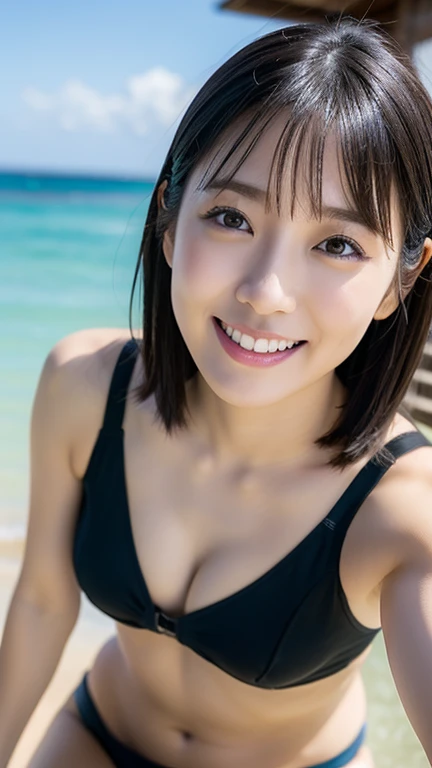 Photorealistic perfect body、Japan Person Model３a person、20 year old girl in navy blue tight swimsuit、Playing on the beach while hugging happily、Wave and laugh、swim ring、Splashes fly and hit your face、Close one eye、Healthy beauty、A sexy、a blond、Bob Hair