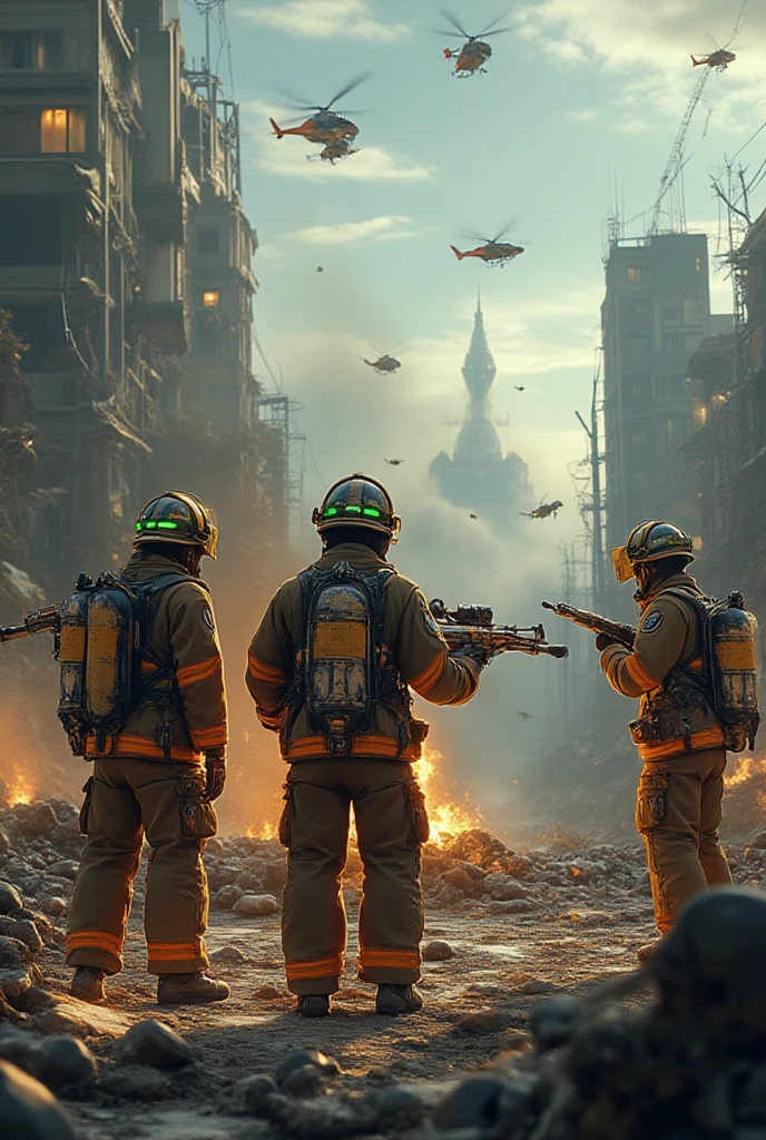 show two young people behind some large object hiding scared, behind containing an apocalyptic war scenario with fire and drones in the style, de jogo de videogame