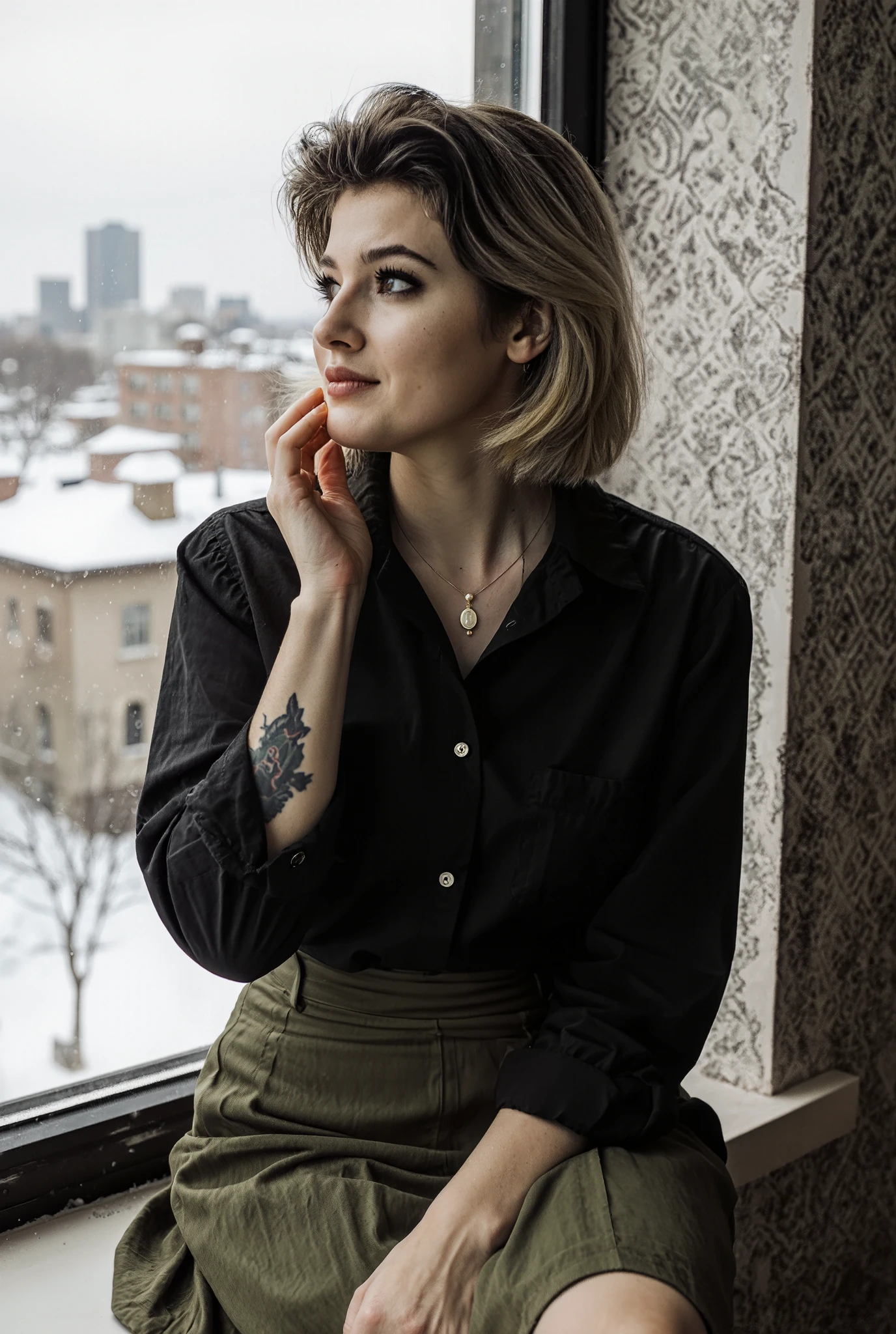 A young woman, appearing to be in her late twenties or early thirties, of probable Caucasian ethnicity, with silver-blonde, shoulder-length hair, gazes pensively out a window. She wears a black button-down shirt, collar partially unbuttoned, revealing a delicate necklace with a pendant featuring oval and pearl-like elements. Her outfit includes dark olive green high-waisted, ruffled skirt. A tattoo is subtly visible on her left shoulder. Her expression is thoughtful, with a hint of a smile, her hand gently resting against her cheek. She sits on a wide windowsill. The background features a patterned, textured wall. The window reveals a snowy outdoor scene, city buildings are visible in the distance. The lighting is soft and diffused. The composition is a medium shot. The atmosphere is calm and contemplative, evoking a feeling of introspection. Soft shadows add depth and dimension to the scene. The image has a natural, candid feel, with potential influences from impressionist portraiture