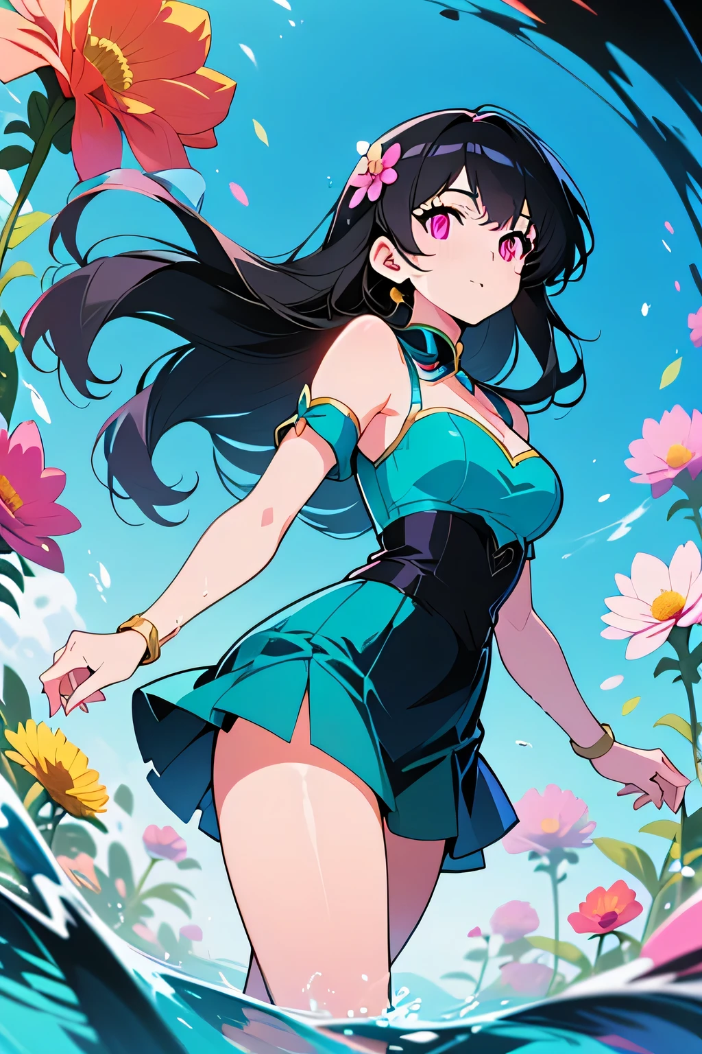 Genny Delmeck (Determined young woman, long black hair, pink eyes looking at you, medium bust) wearing (teal outfit, teal fitted bodice, teal short skirt, flower in her hair) walking through water towards you, abstract background filled with colors