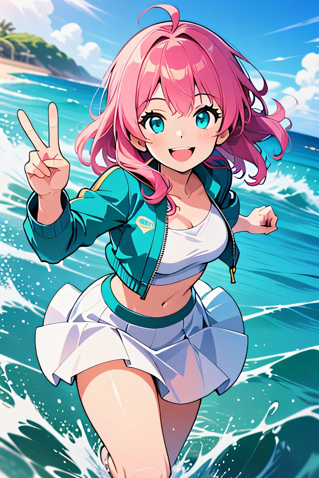 Celis Eddson (young woman, long flowing pink hair, bright blue eyes, energetic, joyful) wearing (teal cropped jacket, short white skirt) running, smiling, giving a playful peace sign with her right hand, background of splashing waves in a beach setting.
