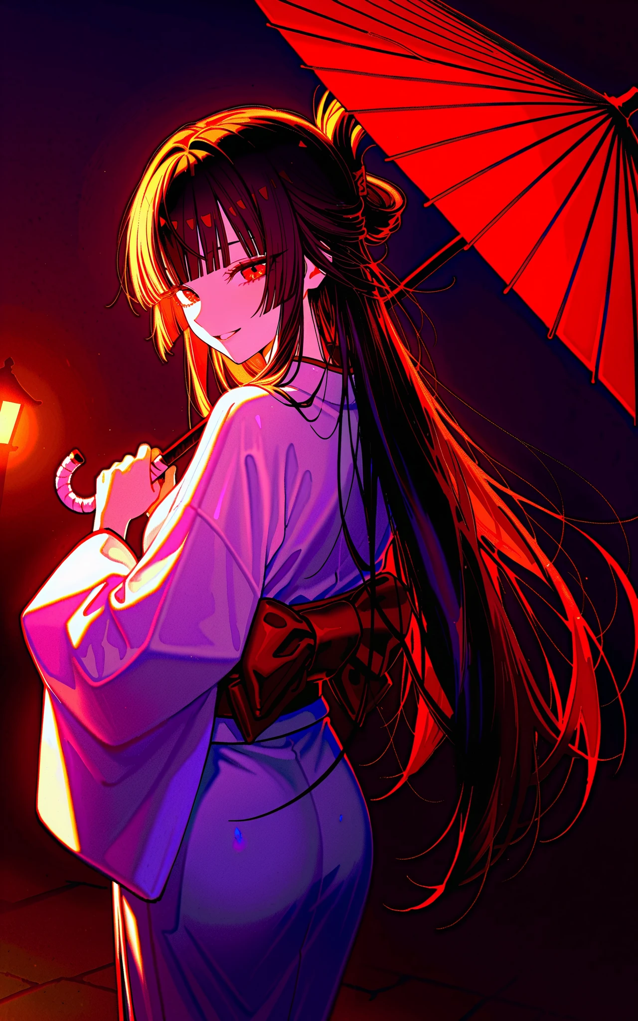 1girl,solo,beautiful face, perfect eyes, detailed eyes,
,dutch angle,cowboy shot, from behind, 
black hair,long hair,straight hair,blunt bangs,folded ponytail, 
red eyes,  looking back, 
sinister smile, 
white blue kimono,holding red umbrella, 
night, dark,
,indicate details, ,clean background,vignetting,shadow,
volumetric lighting, indicate details,
lazypos,
by konya karasue,
 traditional media,  aosiai123_illu
 0__11Xx_illu,
 0010011_illu,

 D4rkL1nes