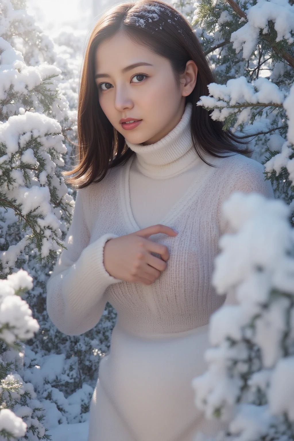 (Raw photo) Winters，Snowy landscape，Beautiful 20s shoulder length sweater，lacepantyhose, White , random color，Long sweater， on、 on、feels good、Raw photo with both eyes closed, kawaii faces、full body Esbian、Camisole、Facing up、Plus Size Model、Chubby belly、thick waist、thick thight、25-years old、 that are about to burst、Eyes closed、Deep sadness、look up sky、Opening Mouth、 depth of fields，Real Light，Ray Tracing，OC renderer，UE5 Renderer，Hyper-realistic，best qualtiy，in 8K，Works of masters，Correct .