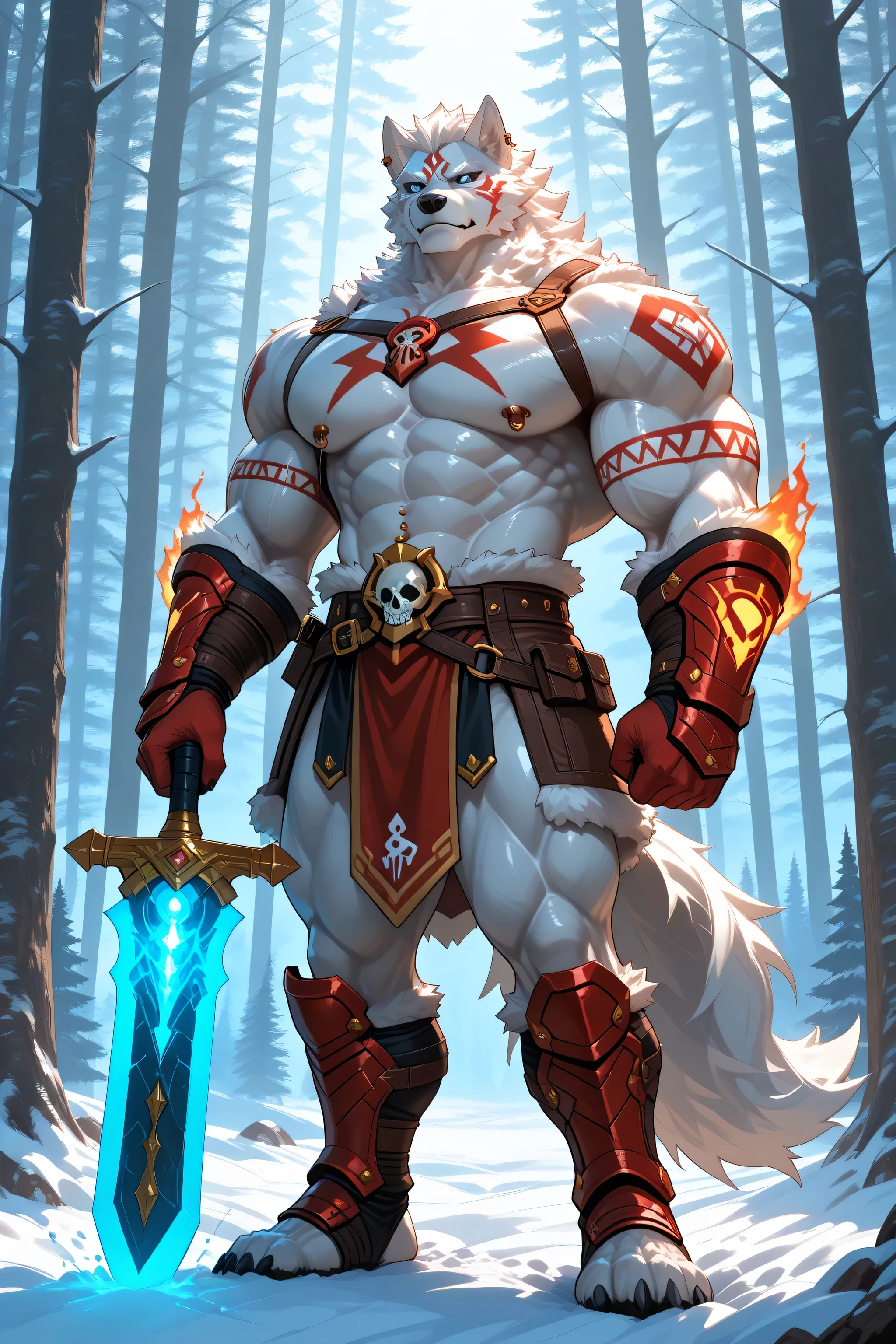 Hyper Giant muscles,A powerful white wolf warrior standing tall in a snowy pine forest, his muscular body gleaming under the cold winter sunlight. He holds a gleaming sword, red tribal markings on his face and crimson arm guards glowing faintly. A skull emblem hangs from his belt, and his piercing blue eyes reflect determination. Epic fantasy illustration, detailed fur texture, dramatic lighting.