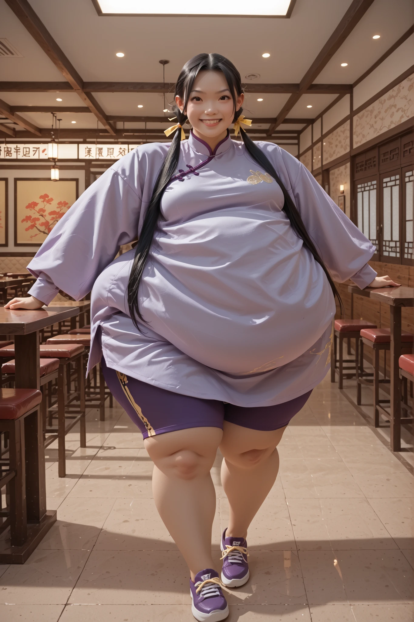 masterpiece, best quality,solo,NM_w_haylin,,1girl, black eyes, long hair, black hair, twin tails, low twin tails, breasts, medium breasts,, long hair, black hair, twin tails, brown eyes, Asian, shirt, long sleeves, hair ornament, ribbon, hair ribbon, open clothes, shorts, open jacket, purple jacket, purple shorts, Chinese clothes, short dress, bike shorts, China dress, yellow ribbon, hyper fat, hyper obese,  full body, smug, indoors, restaurant, action pose, dynamic angle