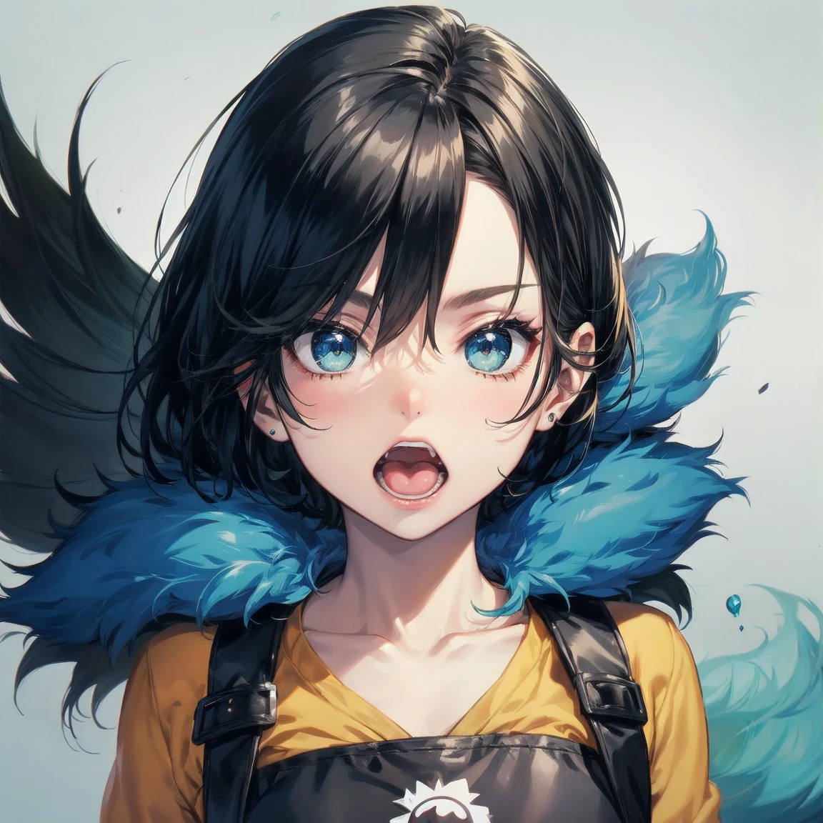 Close-up of a cartoon girl with blue hair and a yellow shirt, 2D Animation, 2D Animation style, 2D Art, 2D Art, 2D from Gorillaz, 2D from Gorillaz, 2D Gorillaz, Screaming Cerket, 2D Sprites, Jinx Face, short hair, Small breasts, hot pants, ((Black Hair, Bright blue fur inside:1.4))