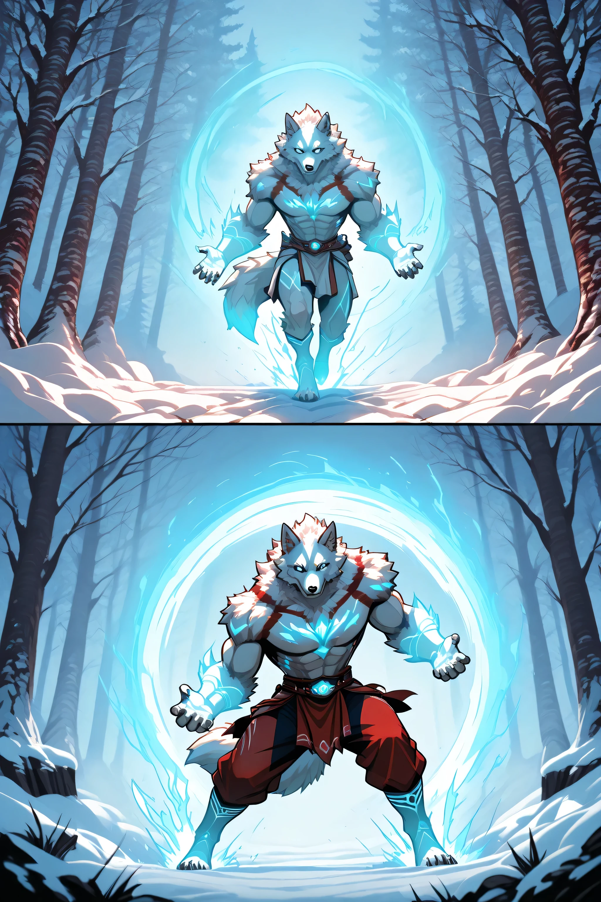 Stylized fantasy illustration of a white-furred wolf-man hero in a snowy forest, glowing blue eyes, red tribal accents, and heroic stance. Minimalist background with stylized snow and trees, smooth shading, comic-inspired outlines, vibrant contrast, dynamic composition.