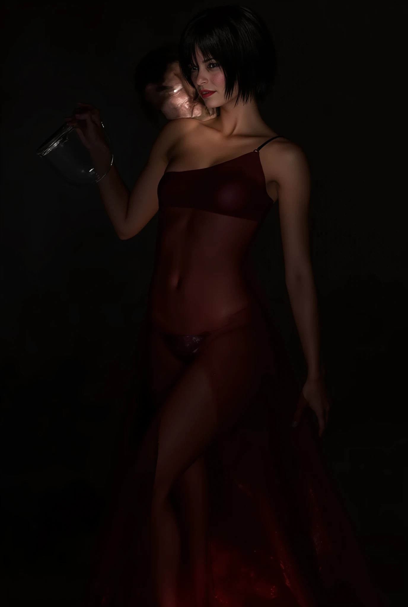 Ada wong form resident evil, cheveux noirs courts,robe rouge , poitrine moyenne, fond noir, ultra realistic, ass, high quality, better quality, masterpiece, HD,4K,Objectif 70mm.black see-through dress、You can see the light up almost completely naked from below、moonlight、take a picture from directly below、Open your legs、