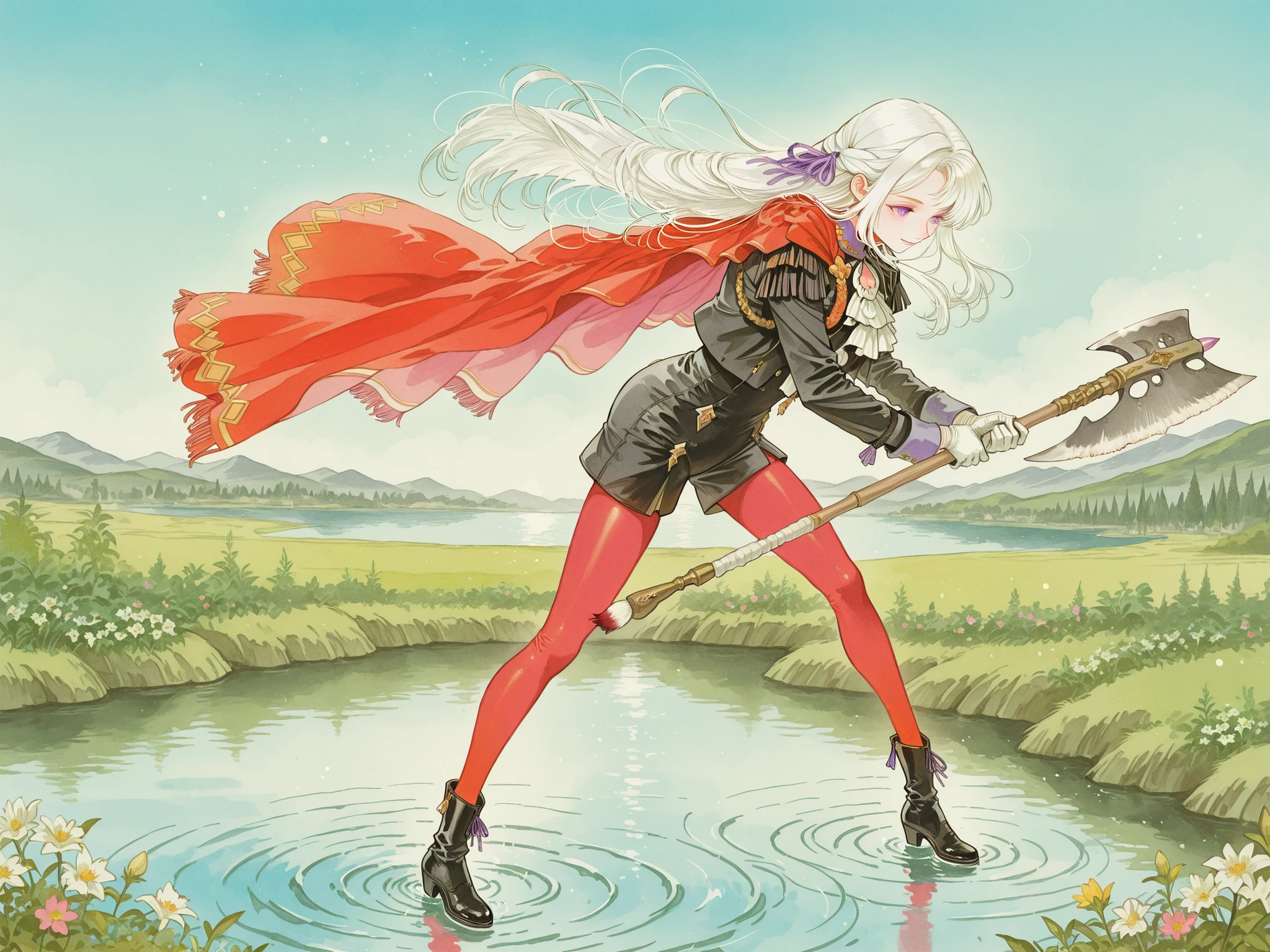 (watercolor (medium), painting (medium), traditional media, stylish,
dfltedel, long hair, half updo, white hair, sidelocks, purple eyes, hair ribbon, purple ribbon, red cape, side cape, black jacket, white ascot, black shorts, high-waist shorts, red pantyhose, white gloves, black boots, sagfntr,
holding battle axe, two-handed, a dynamic pose, a confident smile, near a calm lake at dawn, reflections of the blue sky on the lake surface,
gentle ripples in the water, light breeze moving her hair and outfits,
lush greenery and flowers around the shore,
soft warm sunlight, dreamy pastel atmosphere, watercolor softness,
peaceful and magical mood, (delicate brush texture:1.3),
focus on expression and gesture:1.2, cinematic composition,
serene, glowing horizon, soft highlights on hair and costume).
masterpiece:1.3, best quality, very aesthetic,