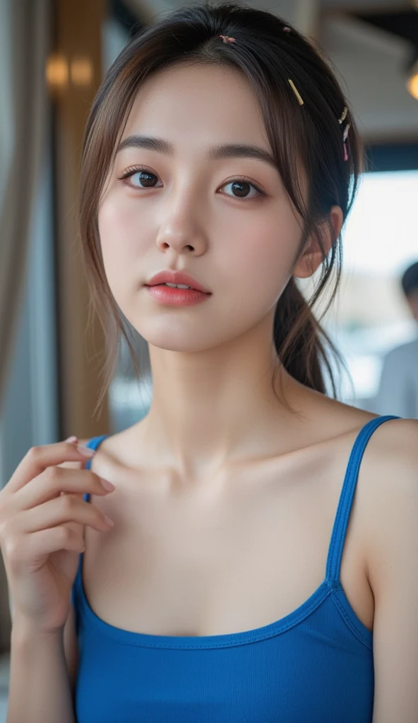 (masterpiece:1.3), high resolution, ultra detailed, extremely detailed CG unity 8k wallpaper, realistic, photo-realistic, RAW photo, beautiful detailed face, pale skin, realistic glistening skin, detailed cloth texture, detailed hair texture, Perfect body, Beautiful Face, accurate, Anatomically correct, Highly detailed face and skin texture, natural neck length, (beautiful hands), (fair skin:1.1), (well-aligned teeth:1.1), (Sweaty skin:1.2),
BREAK,
Detailed eyes, symmetric eyes, Light Brown eyes, Double eyelids, Thin eyebrows, (Glossy lips:1.4), ((A face with waiting for a kiss:1.2)), (blush:1.1), (A sparkling small hair accessory:1.1),
BREAK,
(A classy and Cute woman1.3), (, , :1.4),
BREAK,
medium large , slender figure, firm abs,
((ponytail, Dark blonde hair, wavy hair, long hair, asymmetric bangs:1.2)), (cowboy shot:1.2), (looking at viewer), , From above,
BREAK,
((Sitting side by side on the classroom)