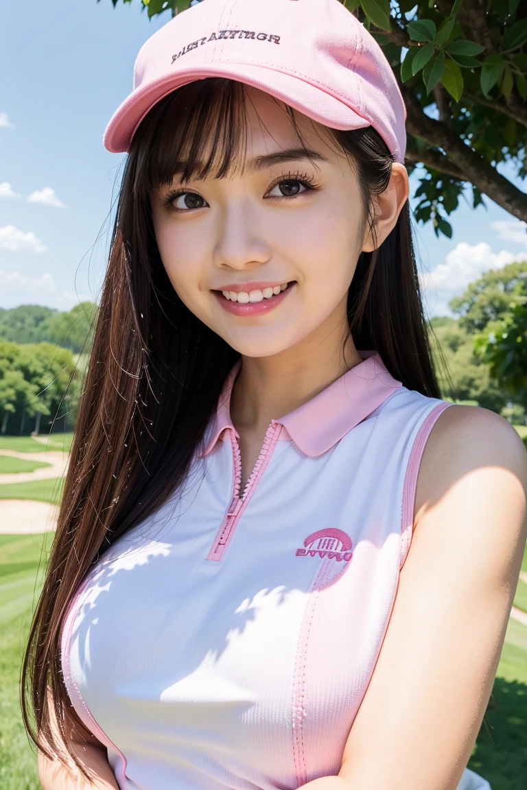 A cute girl in pink golf wear is smiling at me.。The background is a golf course with good weather.。