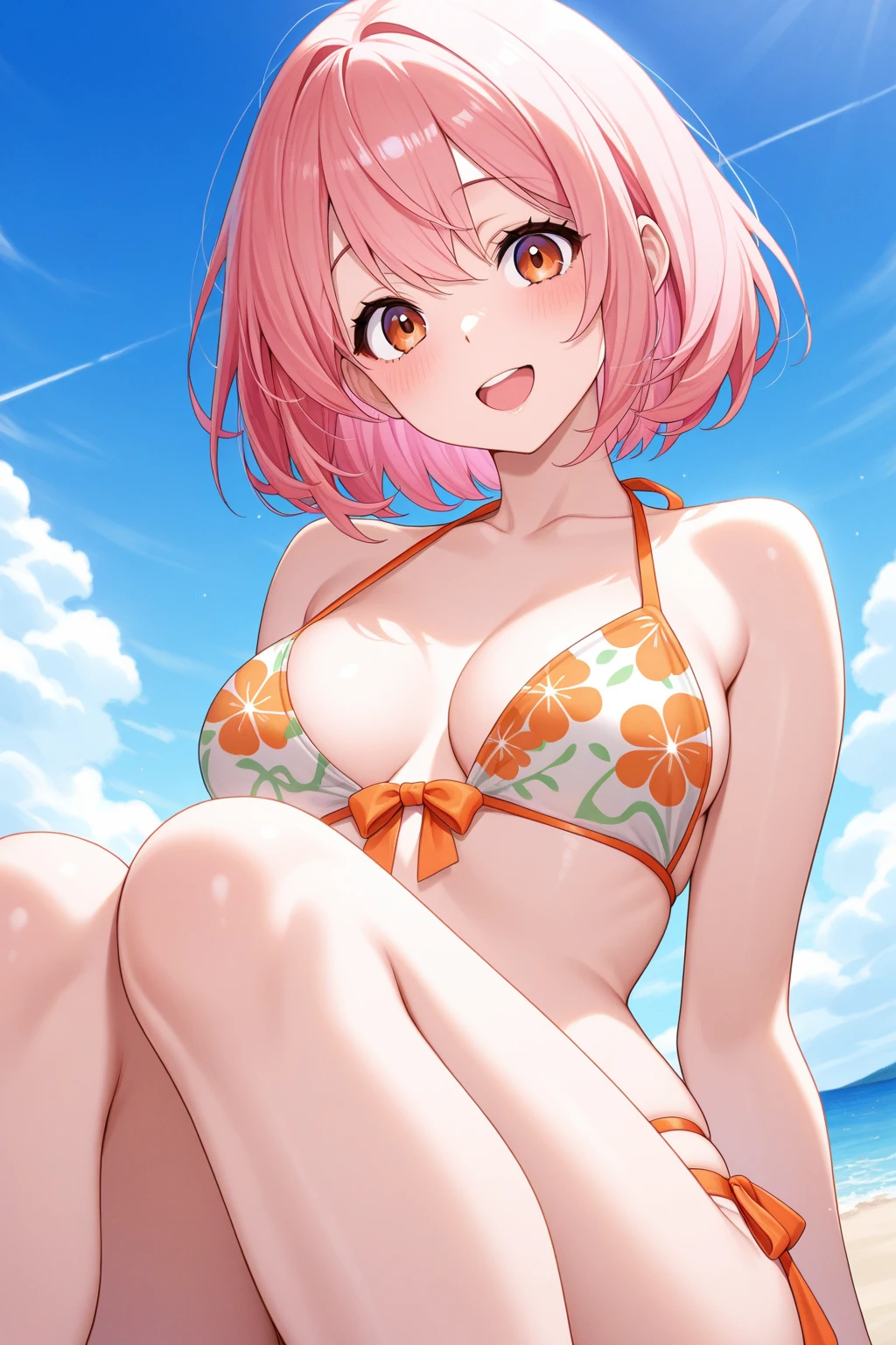 (Highest quality), (masterpiece), high resolution, Portraiture, close,Beach、Micro  Solo, momo velia deviluke,  Pose、hair ornaments, Bobcut, Short Hair Pink Hair, Purple eyes, ,  , ,  (blush:1.2), smile,smile
