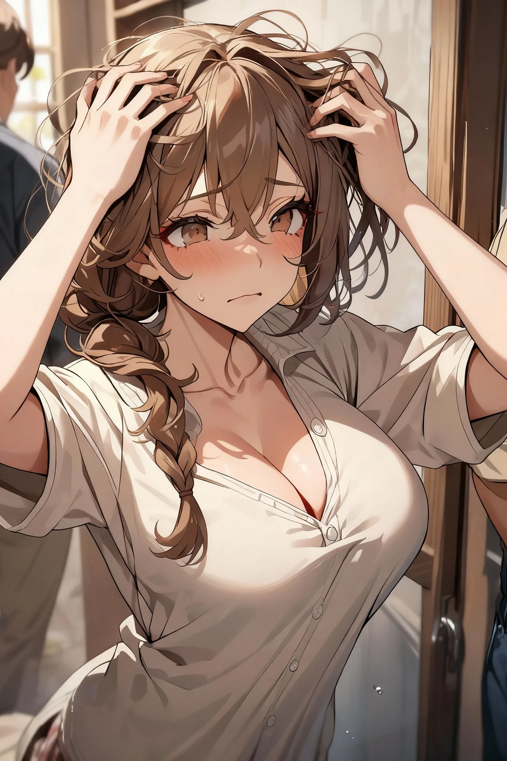 score_9,  score_8_up, score_7_up, score_6_up, source_anime,
1girl, long hair, brown hair, cleavage, 
pinching gesture, disappointed, covering ,
<lora:pinching_gesture_v0.1-pony:1>
