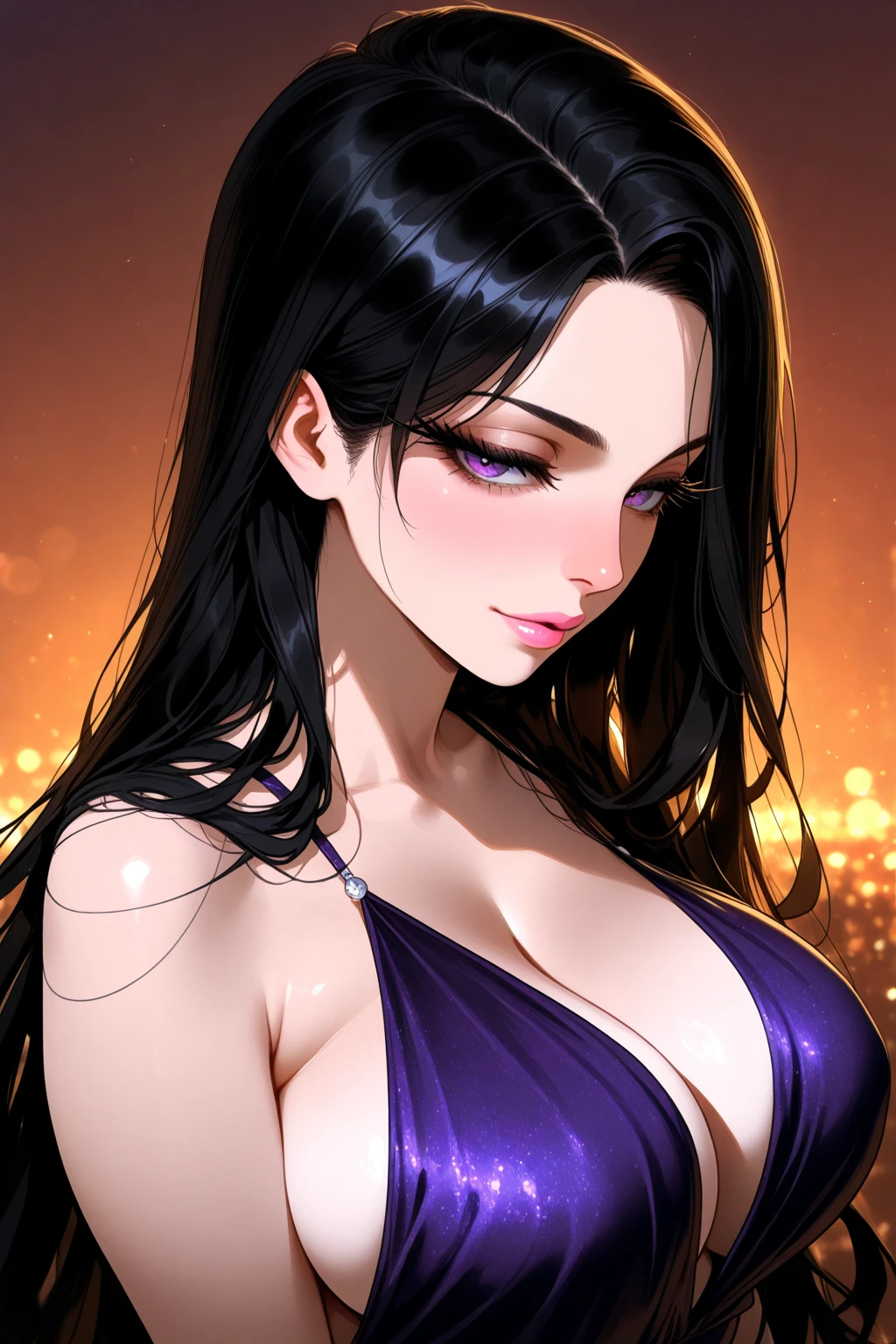 Ebony African, mulatto, (((perfect eyes))), (((red lips))) (((perfect face))), (giant ), long straight hair, a woman in a purple dress posing for a photo, a portrait, instagram, arabesque, camila mendes woman, portrait of sherlyn chopra, interior image, busty