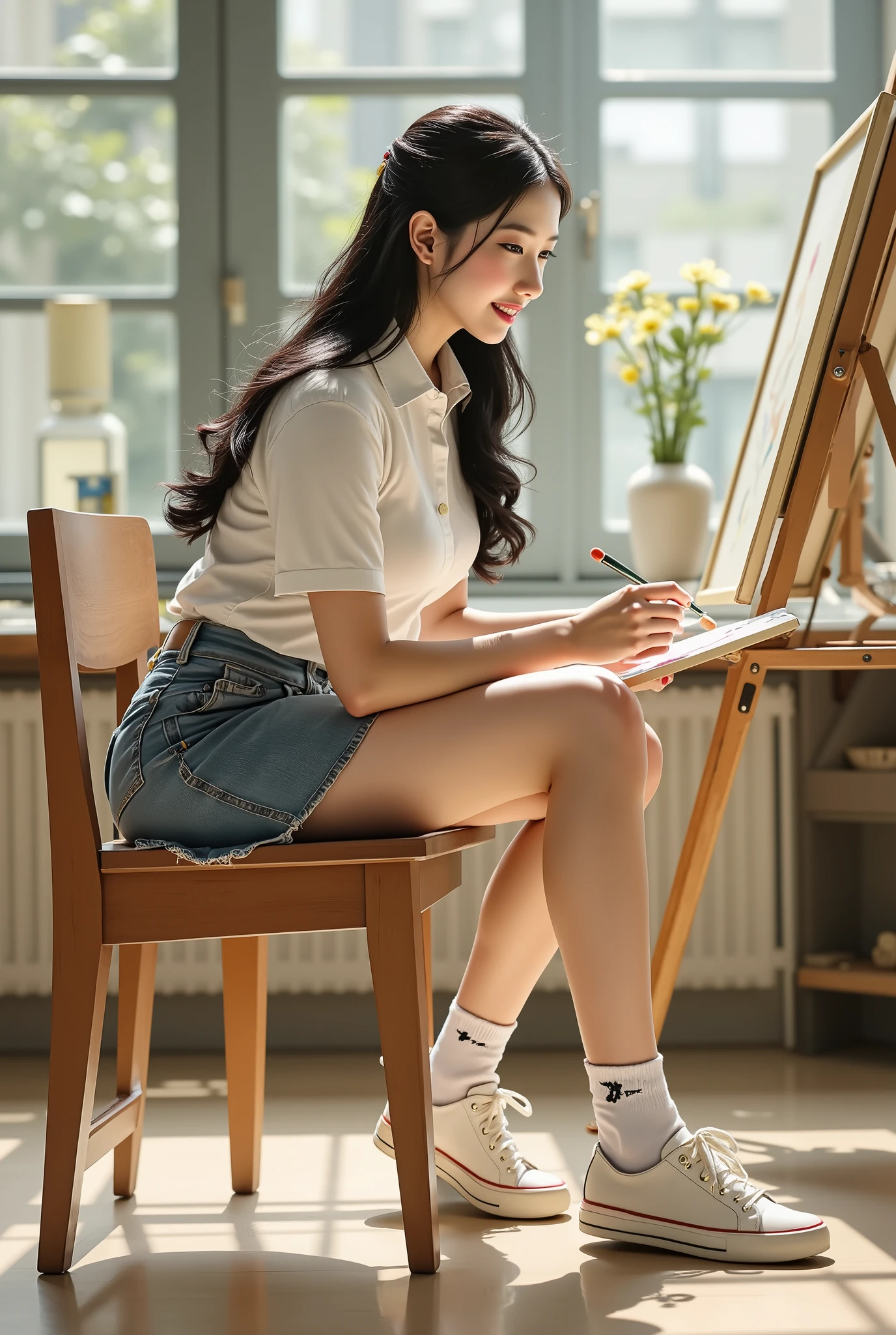 low angle shot, a beautiful Asian girl named Peach Blossom, long black hair, wearing a white short-sleeve blouse, short pleated skirt, white socks and casual shoes, sitting on a wooden chair in a bright art classroom, painting on a large canvas, her face illuminated by soft sunlight, focused and elegant expression, light dust floating in the air, brushes and palette nearby, cinematic lighting, volumetric light beams, natural warm tones, photorealistic, ultra-detailed, masterpiece, depth of field, 4k, film still aesthetic, artistic atmosphere