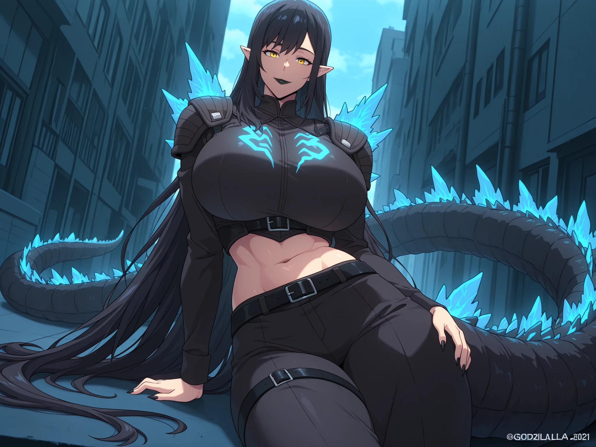 anime screencap, masterpiece, best quality, kajiu-jin-ah, 1girl, Mature Female, yellow eyes, absurdly long hair, pointy ears, Godzilla tail, Godzilla large tail, long tail, very long tail, black hair, nails claws, attractive face, detailed face , ractical body shape, glamorous bodies, attractive bodies, large Curvy, Slutty, Neat, big breast, massive breasts, thick thighs, ((Godzilla 2021 \(Godzilla\) \(cosplay\), long sleeves, innie navel, pants, personification, standing, black clothes, black pants, scaled shoulder pads, black belt, black belt buckle, black buckle, glowing, smile, black Lipstick, fit body, (((Sexy,))), city manila filipino, sunday, picture, leaning on elbow, lying on side, on side, low angle, looking at viewer