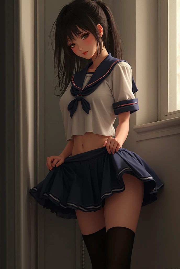 (masuter piece, Best Quality),  Black hair, Glowing red eyes, Sharingan eyes, Petite, Schoolgirl, (School uniform)、(skirt by the)、 up skirt, Wearing panties,,Climbing stairs、Stick your ???? out、show off ???、 ???????????, Malvese, crass room, Smile, Fun, Volumetric lighting, Sunlight, 发光、(Realistic ????)、The bra is sheer、Striped panties、Striped panties
