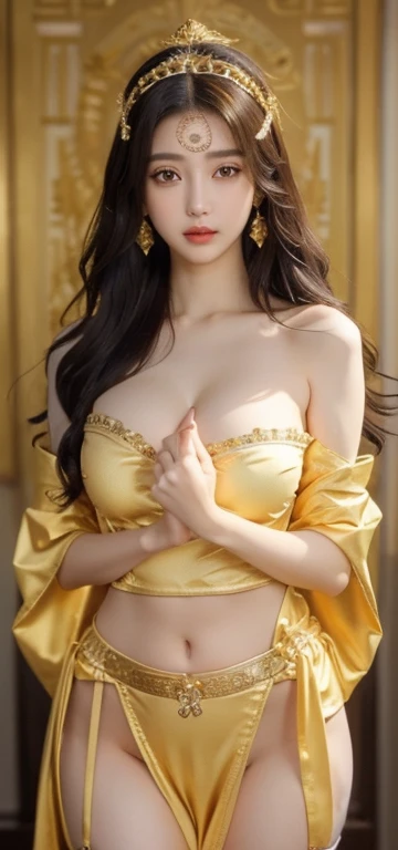 bindi in the center of the forehead, beautiful royal palace, jewelry, gem, necklace, gold bracelet, anklet, thick lips, put your hand on your lips, skin dents, lips half open, (fine eyes), (seductive pose), Ulchan-6500-v1.1, (???????????:1.2)