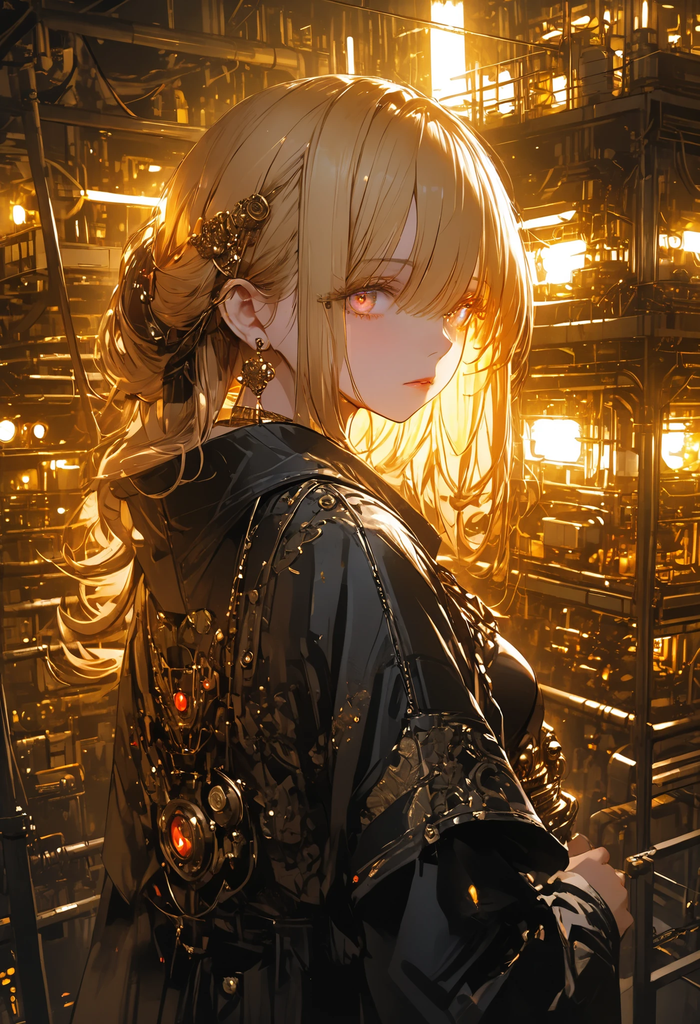 from the top of a small mountain、The factory in front of you、Factory night view、 like a jewel box、Girl watching 、masterpiece,(masterpiece),fuill body ,best quality ,(Highest Quality), cinematiclighting ,(cinematic lighting)、beautiful detailed eyes ,eye detail connected to an electric wire,uitra-detailed,(Super Detailed),highresolution, (high definition),8k,8K resolution,official art,(official illustration style),