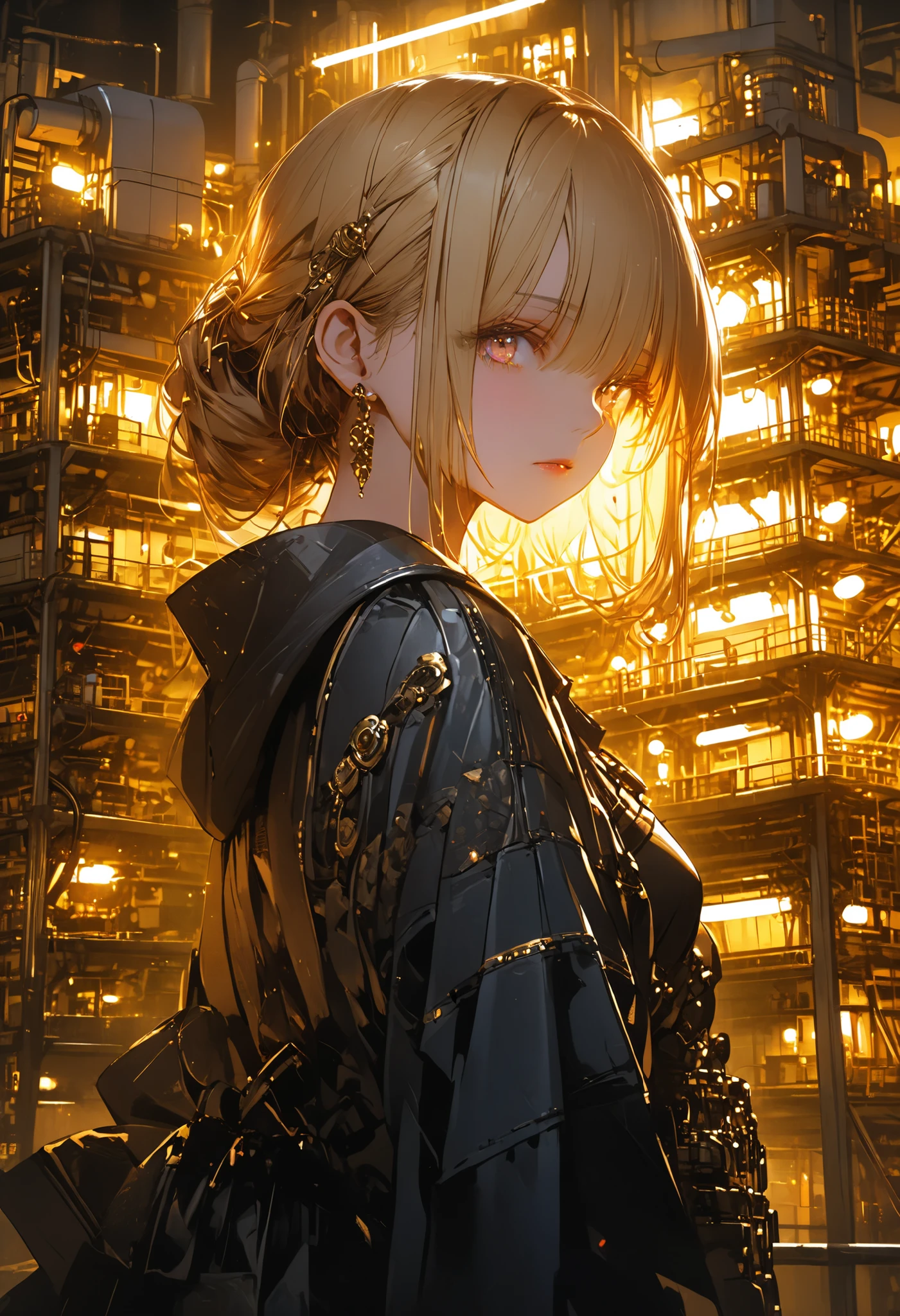 from the top of a small mountain、The factory in front of you、Factory night view、 like a jewel box、Girl watching 、masterpiece,(masterpiece),fuill body ,best quality ,(Highest Quality), cinematiclighting ,(cinematic lighting)、beautiful detailed eyes ,eye detail connected to an electric wire,uitra-detailed,(Super Detailed),highresolution, (high definition),8k,8K resolution,official art,(official illustration style),