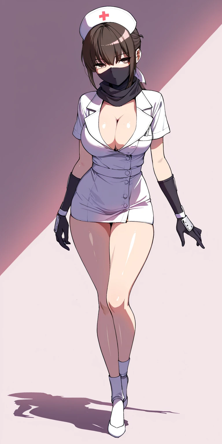 masterpiece,high quality,1girls, large breasts,plmtazln,team rocket,team rocket uniform,white skirt,red letter R,crop top,black thigh-highs,black elbow gloves