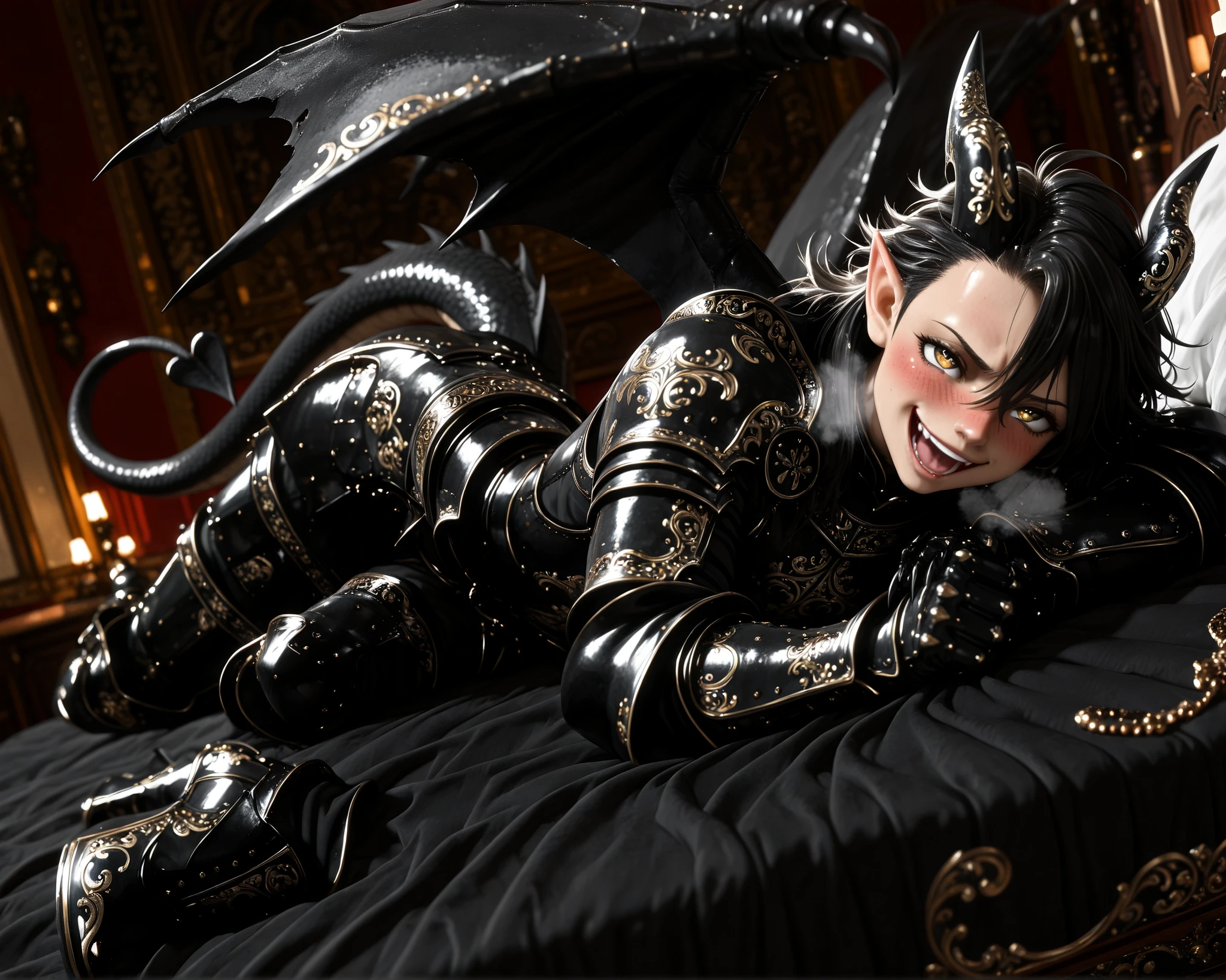 score_9, score_8_up, score_7_up, absurdres, (((128K Ultra High Resolution))), (masterpiece, best quality: 1. 5), (high definition: 1, 4), (highres), 8K wallpaper, (excellent graphics: 1. 5), CG, (((Japanese Anime style))), (1 male), (solo), (((lean body, masculine))), weredragon, glossy black, shiny black leather, (((beautiful golden eyes, finely detailed eyes, bright eyes, heart symbol eyes))), hair between eyes, black hair, long hair, sideburns, wild hair, (((sadistic smile, naughty face, open mouth))), ((ultra detailed face)), (((blushing, heavy breathing))), shiny skin, long pointy ears, twisted torso, long-legged, sculpted face, wasp waist, dragon horn, dragon tail, dragon wings, dragon sharp claws, (black armor with a lot of grandiose decorations: 1. 5), half dragon half human, (on a luxurious bed, lying in bed, bed waiting for you: 1. 5), (looking straight into the camera, dutch angle, dynamic pose: 1. 5), (ultra detailed black armor, well-polished black armor: 1. 5), (gold-adorned armor: 1. 5), all black outfit, full body, sharp focus, good-looking man, (best illustration, highly detailed artwork: 1. 5), dramatic lighting, (intricate detail, extreme detailed, super detailed: 1. 5), (stark contrast, heavy shadows: 1. 3), ((detailed black decorations)), beautiful & aesthetic, photoreal, (from side), (mysteriously crafted black metal armor: 1. 5), thick & luxuriant hair, (ultra detailed fantasy black armor, wonderful black armor: 1. 5), (realistic metal texture), broad shoulder, true-to-life visuals, artistically refined, (extremely delicate & beautiful armor, elaborate armor details: 1. 5), (giant black armor, dark armor, stylized armor: 1, 5), (((armor-type high heels))), (extremely detailed armor with intricate engravings, intricate armor with gold ornaments: 1. 5), ((very gorgeous and dazzling)), (dark fantasy black knight: 1. 5), slim waistlines, wide chested, sinewy body, (Hyper Detailed & Perfectly Designed Black Armor: 1. 5), (luxury bedroom)