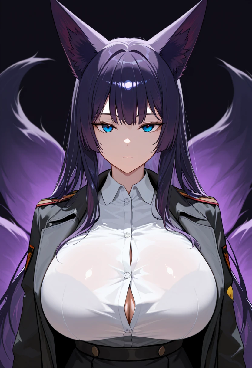 masterpiece, best quality,  1girl, fox girl, musashi (azur lane), black hair, bangs, yellow eyes, black fox ears, black fox tails, , cleavage, bra, ahri (league of legends),  glasses, slim waist, wide ,   smile, red lips, dark theme, cityscape, night time, ,   pantyhose, black skirt, pencil skirt, white camisole, strapless camisole , black jacket, office lady, gold trim, black tail,  face,  very aesthetic, snow, lip gloss,   ,  swept bangs, long sidelocks