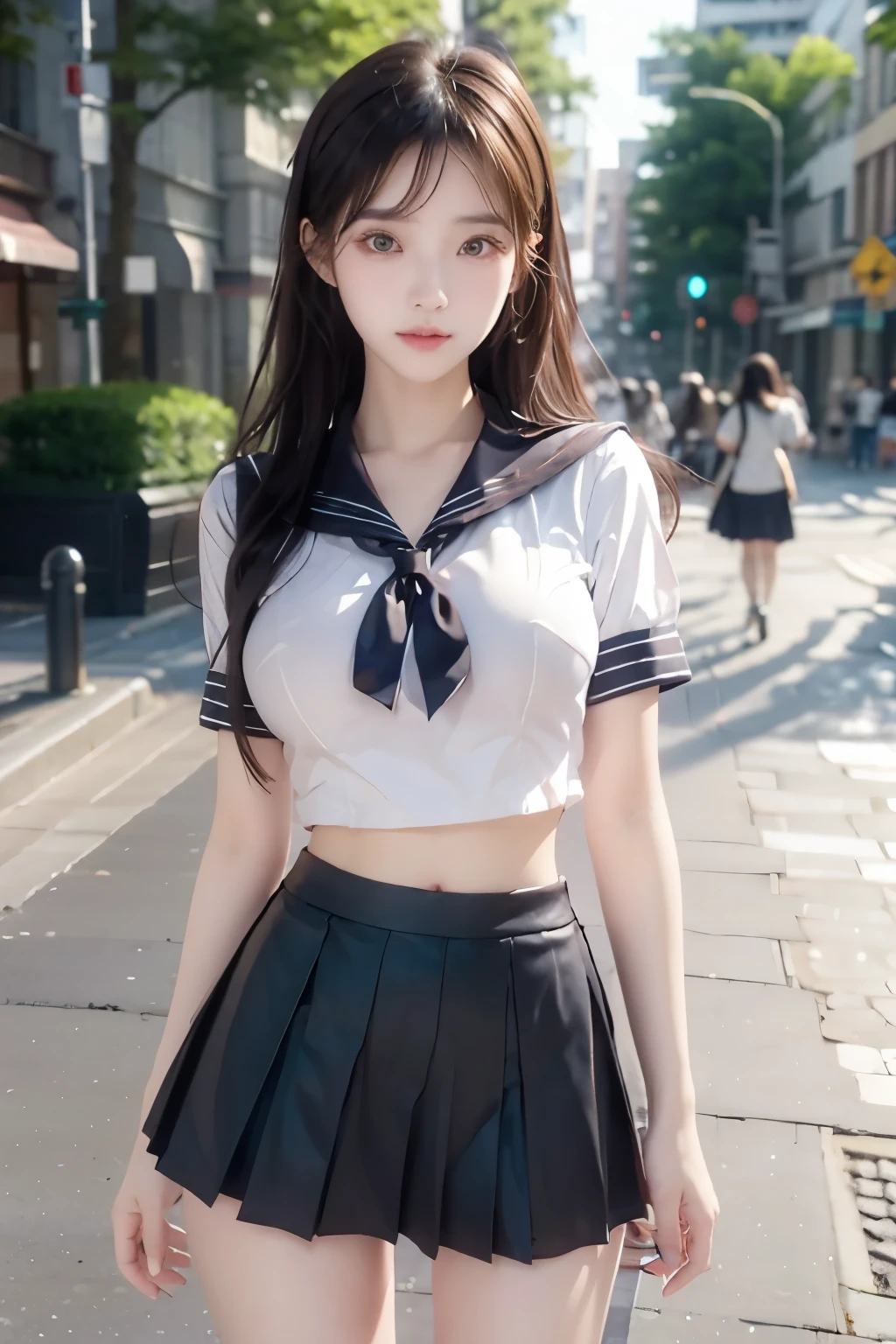 ( Super High Definition), (I'm looking over here), (school uniform:1.2, sailor suit, flared skirt), (Big Breasts:1.2), (Slimness:1.8), ( Read more:1.4), (thin thighs:1.4), ( thin hips:1.6), ( beautiful skin, shiny skin, white skin), (Super slim face, Super beautiful face, makeup, Smile :0.8), ( light brown hair, semi-long, layered cut , fluffy hair), ( big eyes:1.4, High corners of the eyes:1.6, double eyelids), (Thin eyebrows:0.1), ( small nose:0.6), ( thin lips:0.6), downtown