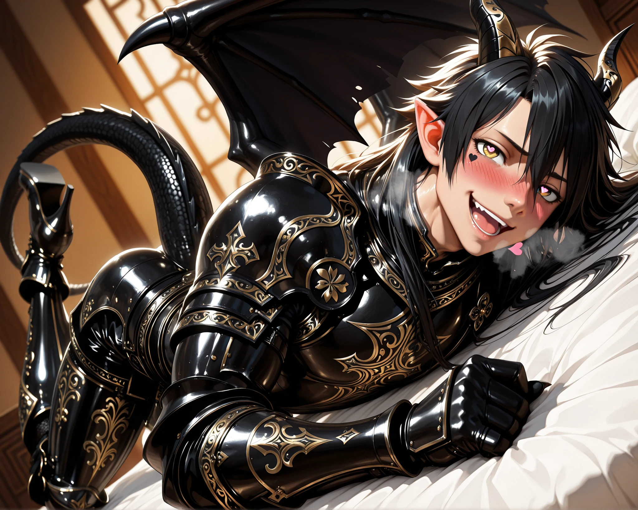 score_9, score_8_up, score_7_up, absurdres, (((128K Ultra High Resolution))), (masterpiece, best quality: 1. 5), (high definition: 1, 4), (highres), 8K wallpaper, (excellent graphics: 1. 5), CG, (((Japanese Anime style))), (1 male), (solo), (((lean body, masculine))), weredragon, glossy black, shiny black leather, (((beautiful golden eyes, finely detailed eyes, bright eyes, heart symbol eyes))), hair between eyes, black hair, long hair, sideburns, wild hair, (((sadistic smile, naughty face, open mouth))), ((ultra detailed face)), (((blushing, heavy breathing))), shiny skin, long pointy ears, twisted torso, long-legged, sculpted face, wasp waist, dragon horn, dragon tail, dragon wings, dragon sharp claws, (black armor with a lot of grandiose decorations: 1. 5), half dragon half human, (on a luxurious bed, lying in bed, bed waiting for you: 1. 5), (looking straight into the camera, dutch angle, dynamic pose: 1. 5), (ultra detailed black armor, well-polished black armor: 1. 5), (gold-adorned armor: 1. 5), all black outfit, full body, sharp focus, good-looking man, (best illustration, highly detailed artwork: 1. 5), dramatic lighting, (intricate detail, extreme detailed, super detailed: 1. 5), (stark contrast, heavy shadows: 1. 3), ((detailed black decorations)), beautiful & aesthetic, photoreal, (from side), (mysteriously crafted black metal armor: 1. 5), thick & luxuriant hair, (ultra detailed fantasy black armor, wonderful black armor: 1. 5), (realistic metal texture), broad shoulder, true-to-life visuals, artistically refined, (extremely delicate & beautiful armor, elaborate armor details: 1. 5), (giant black armor, dark armor, stylized armor: 1, 5), (((armor-type high heels))), (extremely detailed armor with intricate engravings, intricate armor with gold ornaments: 1. 5), ((very gorgeous and dazzling)), (dark fantasy black knight: 1. 5), slim waistlines, wide chested, sinewy body, (Hyper Detailed & Perfectly Designed Black Armor: 1. 5), (luxury bedroom)