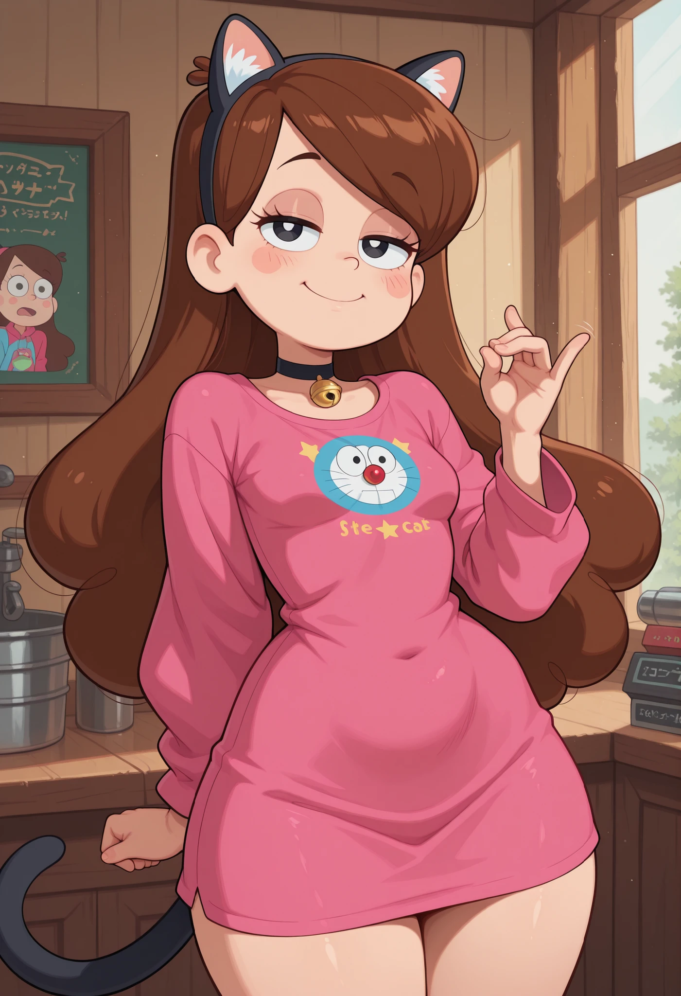 Mabel Pines, blush stickers, brown hair. black eyes. half-closed eyes, small breasts, huge hips. long eyelashes, choker. | Location: A cat-head-shaped barber shop . There is a sign in front of the store that says "Cats Only . " You can see Doraemon's back of head as he enters the shop . Inside , a cute anime girl makes a stop gesture , looking apologetic . The background is drawn in an anime style . The girl looks like this: Cute anime girl . Her face is rounded . She has large cat ears and cat tail . The front hair is cut diagonally above the eyes . She is wearing a barber's uniform .