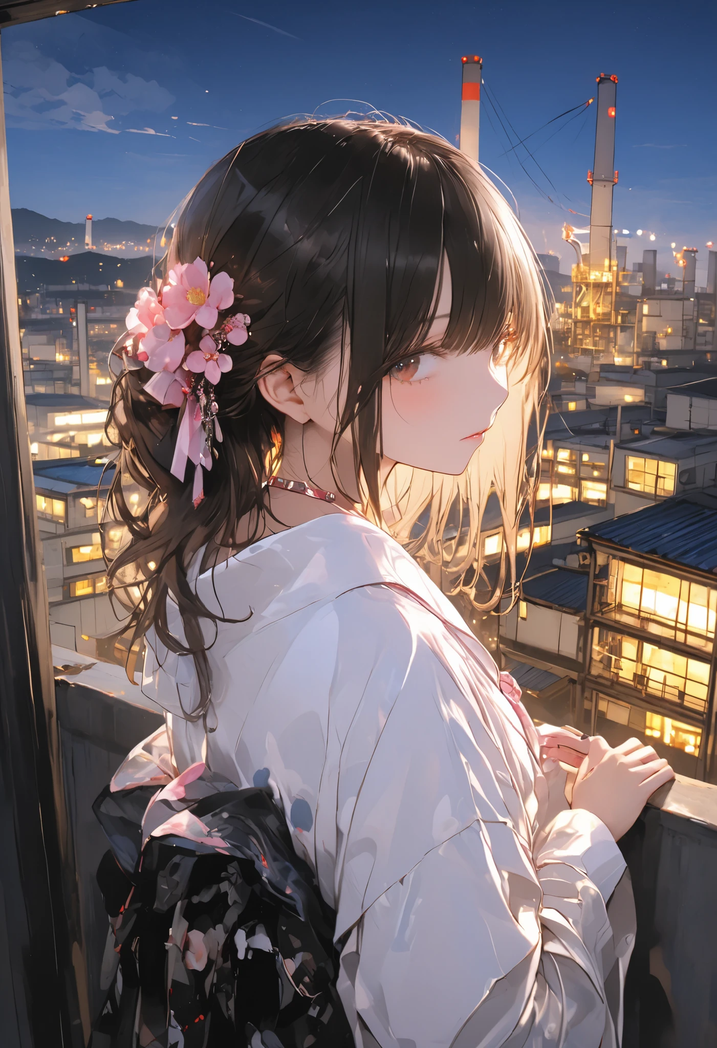 from the top of a small mountain、The factory in front of you、Factory night view、 like a jewel box、Girl watching