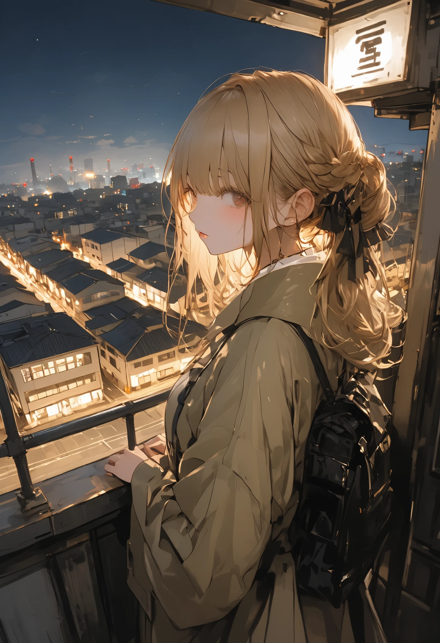 from the top of a small mountain、The factory in front of you、Factory night view、 like a jewel box、Girl watching