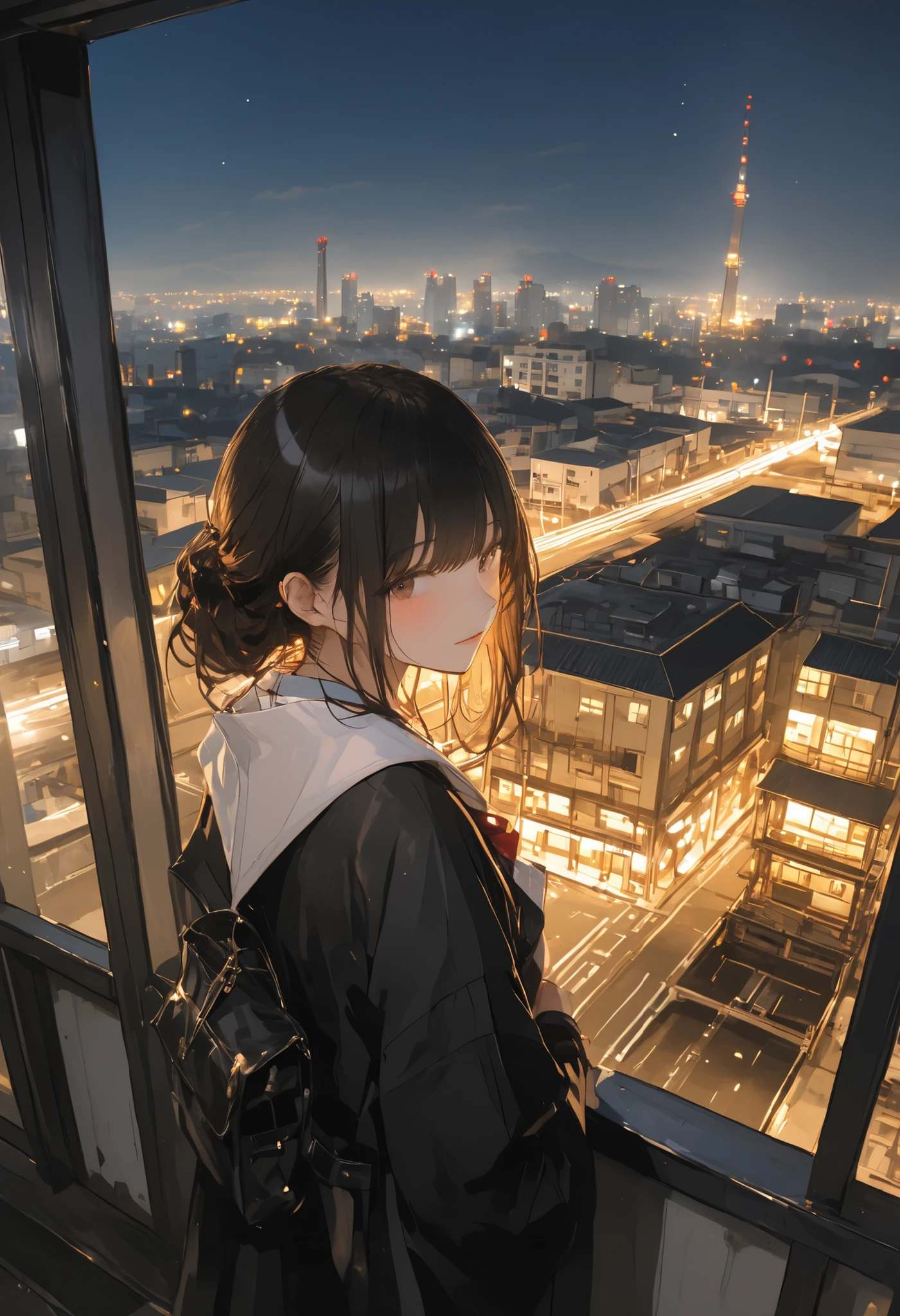 from the top of a small mountain、The factory in front of you、Factory night view、 like a jewel box、Girl watching