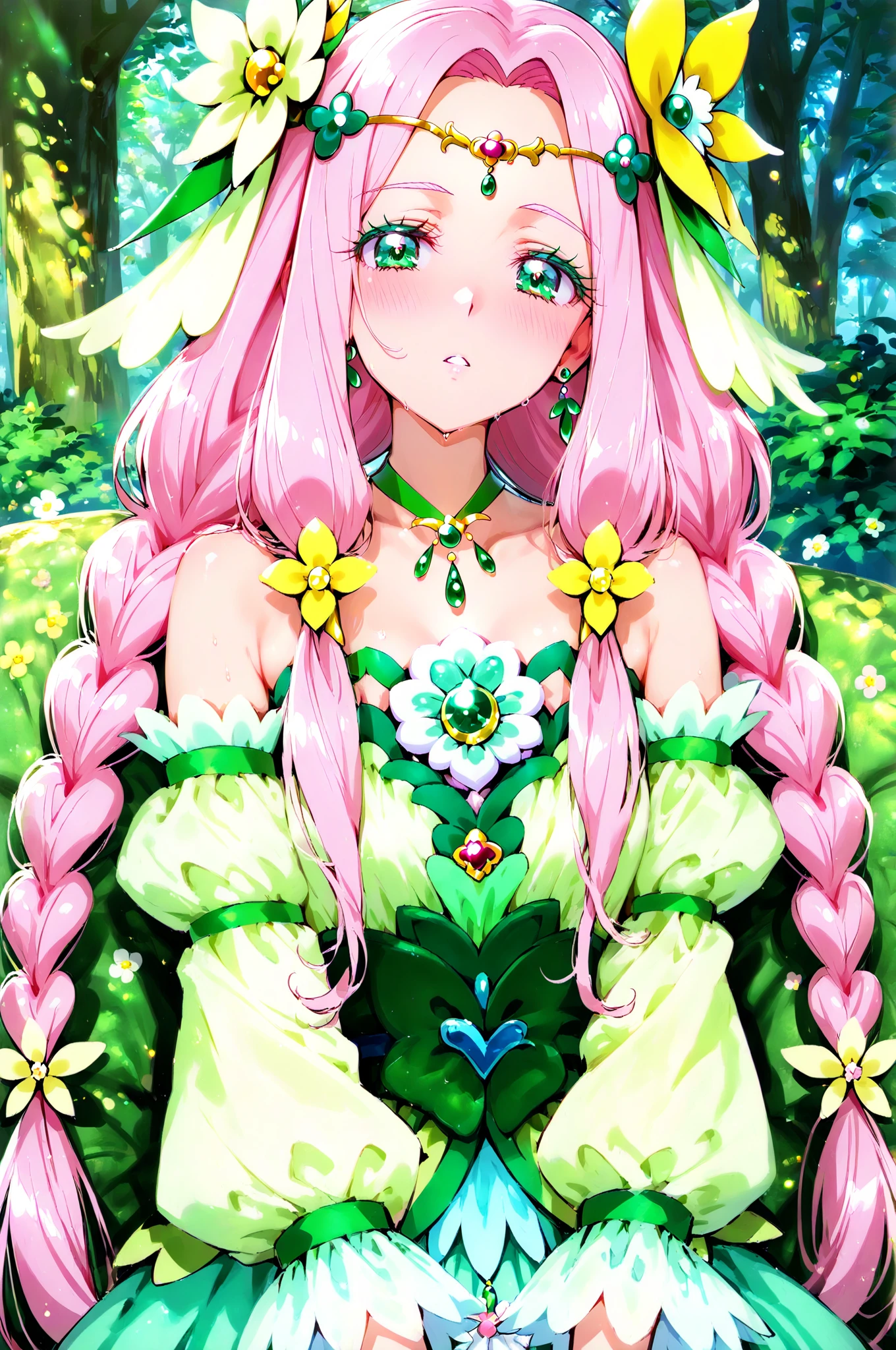 full body photo of a plant girl with an innocent and . She has plant parts coming out of her limbs and several flower petals around her.. has her green and pink outfit inspired by pyra from xenoblade chronicles 2, poison ivy and kobato