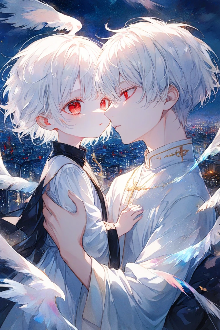 You can create an image of a 17-year-old boy with white hair and light blue eyes disguised as a demon hugging a 17-year-old boy with brown hair and green eyes disguised as an angel in animation mode