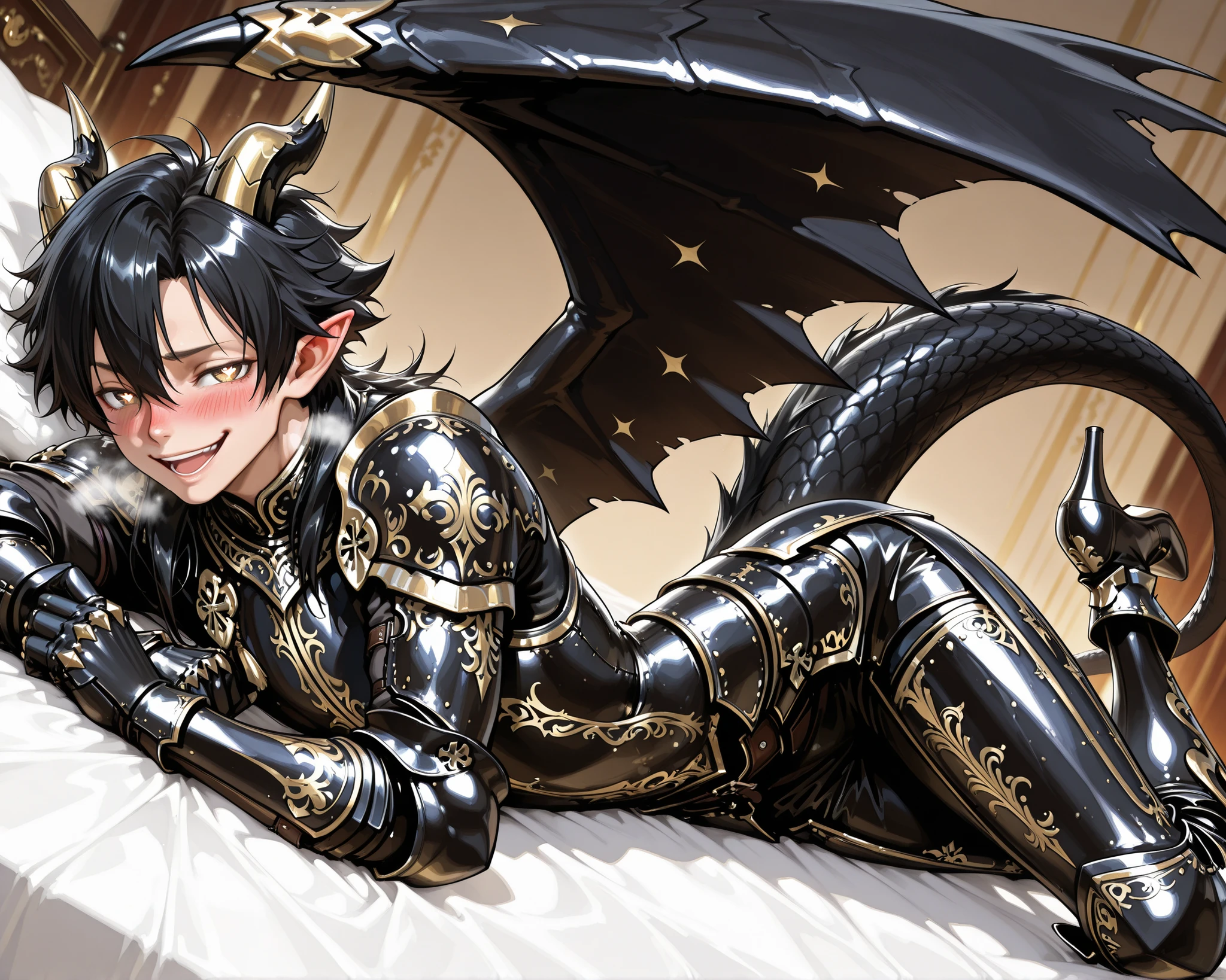 core_9, score_8_up, score_7_up, absurdres, (((128K Ultra High Resolution))), (masterpiece, best quality: 1. 5), (high definition: 1, 4), (highres), 8K wallpaper, (excellent graphics: 1. 5), CG, (((Japanese Anime style))), (1 male), solo, ((lean body, masculine)), weredragon, glossy black, shiny black leather, (((beautiful golden eyes, finely detailed eyes, bright eyes, heart symbol eyes))), hair between eyes, black hair, long hair, sideburns, wild hair, (((sadistic smile, naughty face, open mouth))), ((ultra detailed face)), (((blushing, heavy breathing))), shiny skin, long pointy ears, twisted torso, long-legged, sculpted face, wasp waist, dragon horn, dragon tail, dragon wings, dragon sharp claws, (black armor with a lot of grandiose decorations: 1. 5), half dragon half human, (on a luxurious bed, lying in bed, bed waiting for you, sensual pose: 1. 5), (looking straight into the camera, dutch angle, dynamic pose: 1. 5), (ultra detailed black armor, well-polished black armor: 1. 5), (gold-adorned armor: 1. 5), all black outfit, full body, sharp focus, good-looking man, (best illustration, highly detailed artwork: 1. 5), (intricate detail, extreme detailed, super detailed: 1. 5), chiseled features, (stark contrast, heavy shadows: 1. 3), ((detailed black decorations)), beautiful & aesthetic, photoreal, (from side), (mysteriously crafted black metal armor: 1. 5), thick & luxuriant hair, (ultra detailed fantasy black armor, wonderful black armor: 1. 5), (realistic metal texture), broad shoulder, true-to-life visuals, artistically refined, (extremely delicate & beautiful armor, elaborate armor details: 1. 5), (giant black armor, dark armor, stylized armor: 1, 5), (((armor-type high heels))), (extremely detailed armor with intricate engravings, intricate armor with gold ornaments: 1. 5), ((very gorgeous and dazzling)), (dark fantasy black knight: 1. 5), slim waistlines, wide chested, sinewy body, (Hyper Detailed & Perfectly Designed Black Armor: 1. 5), (luxury bedroom)