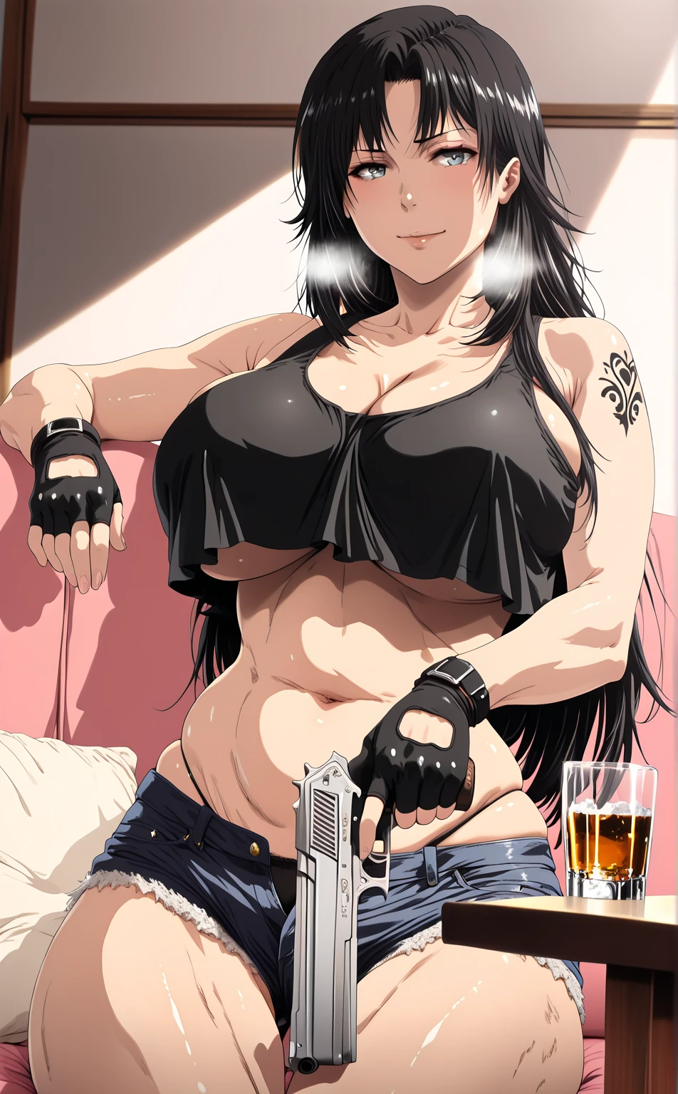 L_Cation2, Babu-style, Hgk, (jeneral-style:1.2), (orphen_(pink_seito)-style:1.2), (saintshiro-style:1.3), (henriiku_(ahemaru)-style:1.4), (anime coloring, anime screencap), shiny skin, (voluptuous body:1.4), (mature female:1.4), (cellulite:1.3), ((anatomical correct)), ((newest, high quality, perfect composition, eye-catching, UHD, cinematic, masterpiece)), perfect body, perfect eyes, perfect fingers, gasping, heavy breathing, gasping profusely, ((skindentation)), ((curvy, thigh gap)), hiratsuka shizuka, long hair, black hair, grey eyes, bright pupils, plump, 1girl, weapon, gun, breasts, gloves, solo, holding_weapon, handgun, shorts, holding, denim_shorts, holding_gun, denim, underwear, navel, fingerless_gloves, panties, sitting, crop_top, looking_at_viewer, cleavage, smile, beretta_92, muscular_female, thighs, black_gloves, black_panties, alcohol, midriff, tank_top, short_shorts, cup, tattoo, ((overhang)), bare_shoulders
