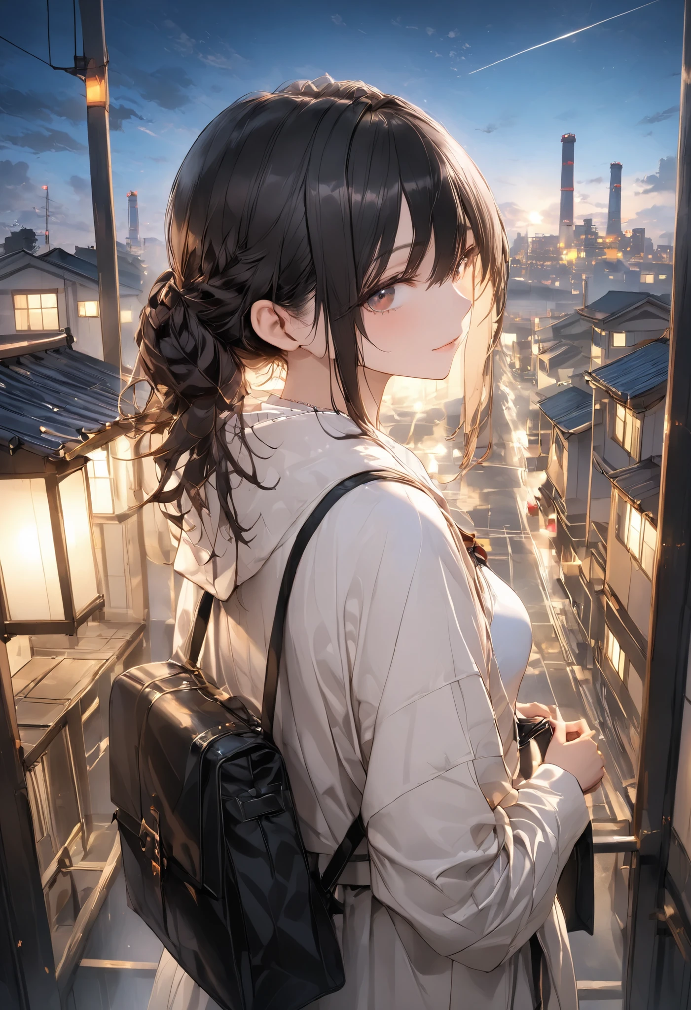 from the top of a small mountain、The factory in front of you、Factory night view、Jewel Illumination、Girl watching