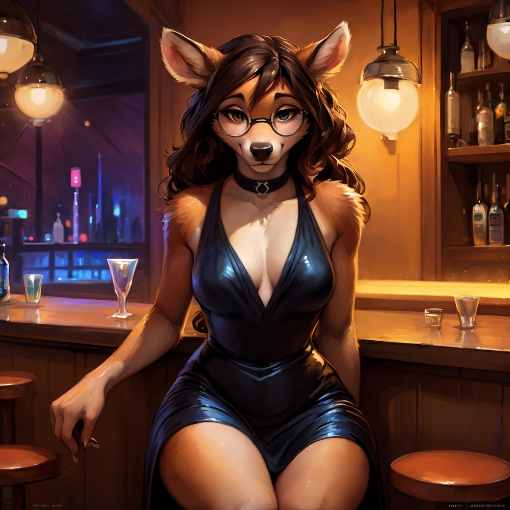 By darkgem, by wfa, by meesh, solo, soft figure, vixen, female, wide hips, thick legs, big arms, (huge breasts:1.5), (nipple outline:1.1), cleavage, heavy breasts, warm green eyes, highly detailed eyes, tall, amazon, hourglass figure, dark red hair, short hair, spiky hair, large areolae, (tight black dress:1.5), (covered black heels:1.4), (sheer stockings:1.2), cleavage, fluffy tail, Masterpiece, best quality, absurd res, highly detailed, cleanly drawn eyes, anthro only, (nightclub:1.2), indoors, inside, shadowy figures in background, (cute smile:1.5), (big bottom lip:1.2), dark lipstick, looking at viewer, dancing, gold jewelry, 