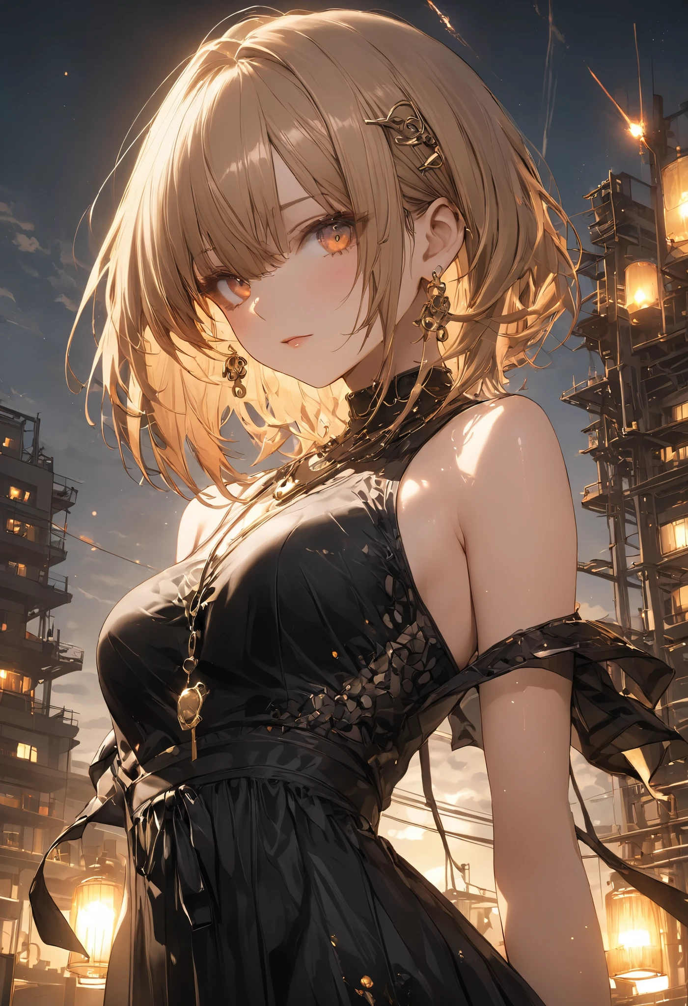 from the top of a small mountain、The factory in front of you、Factory night view、Jewel Illumination、Girl watching 、meteor、空から降り注ぐmeteor、無数のmeteor、masterpiece,(masterpiece),fuill body ,best quality ,(Highest Quality), cinematiclighting ,(cinematic lighting)、beautiful detailed eyes ,eye detail connected to an electric wire,uitra-detailed,(Super Detailed),highresolution, (high definition),8k,8K resolution,official art,(official illustration style),