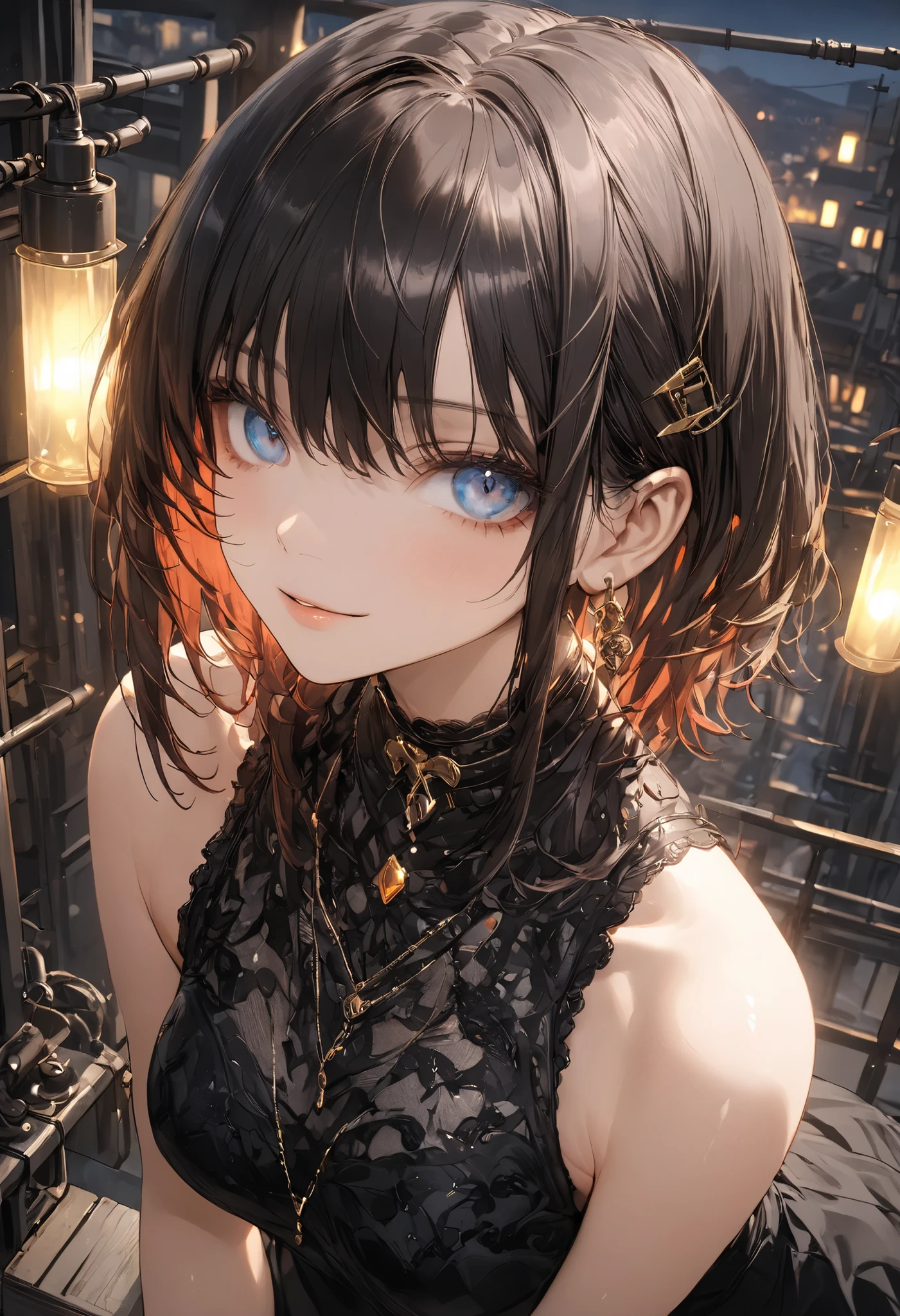 from the top of a small mountain、The factory in front of you、Factory night view、Jewel Illumination、Girl watching 、meteor、空から降り注ぐmeteor、無数のmeteor、masterpiece,(masterpiece),fuill body ,best quality ,(Highest Quality), cinematiclighting ,(cinematic lighting)、beautiful detailed eyes ,eye detail connected to an electric wire,uitra-detailed,(Super Detailed),highresolution, (high definition),8k,8K resolution,official art,(official illustration style),brown hair,shortcuts,unkempt hair,Short braided hair,Neat,slender beauty,correct attitude,small breasted,beautiful legs,Enchanting gray-blue eyes shine like stars,Saggy Eyes,bright color,beautiful eyes,A delicate smile,Textured Skin,BEST QUALITY THE BEST,gentle and beautiful woman,anime style、