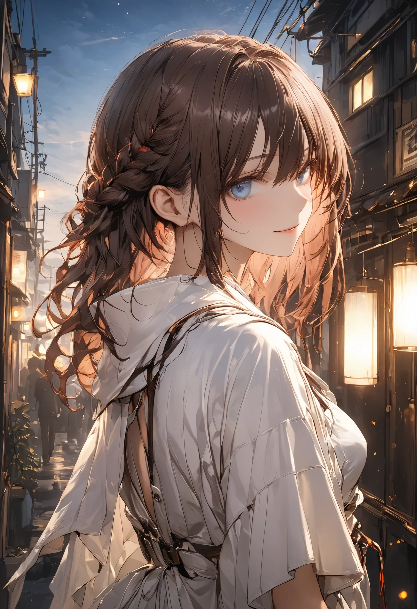 from the top of a small mountain、The factory in front of you、Factory night view、Jewel Illumination、Girl watching 、meteor、空から降り注ぐmeteor、無数のmeteor、masterpiece,(masterpiece),fuill body ,best quality ,(Highest Quality), cinematiclighting ,(cinematic lighting)、beautiful detailed eyes ,eye detail connected to an electric wire,uitra-detailed,(Super Detailed),highresolution, (high definition),8k,8K resolution,official art,(official illustration style),brown hair,shortcuts,unkempt hair,Short braided hair,Neat,slender beauty,correct attitude,small breasted,beautiful legs,Enchanting gray-blue eyes shine like stars,Saggy Eyes,bright color,beautiful eyes,A delicate smile,Textured Skin,BEST QUALITY THE BEST,gentle and beautiful woman,anime style、