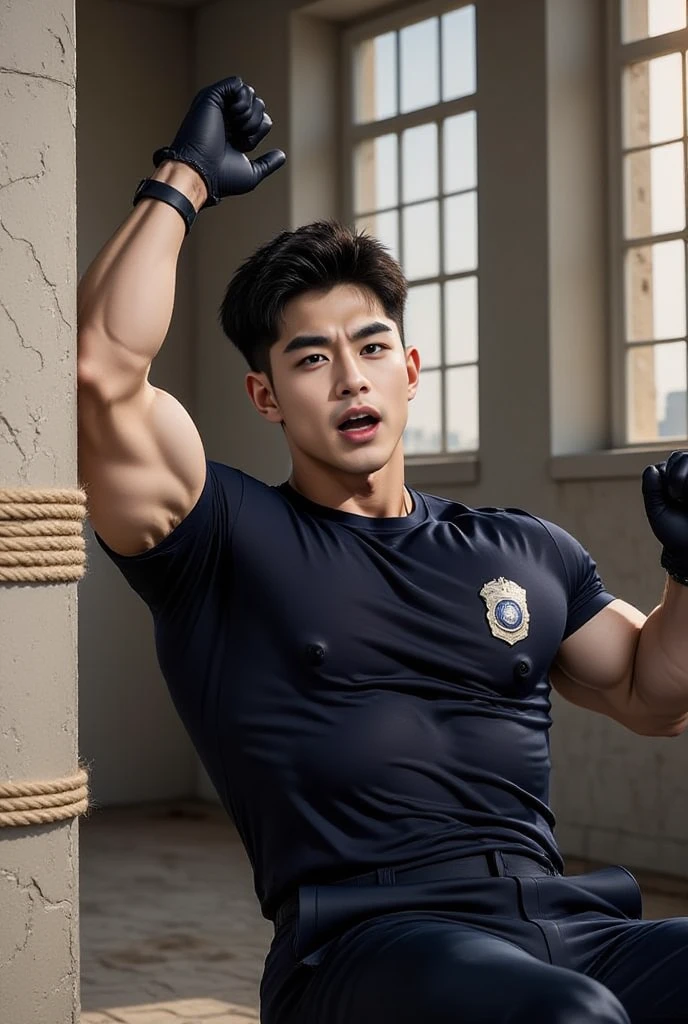 top-quality、​masterpiece、超A high resolution、(realisitic:1.4)、详细的脸、独奏、１human male、Dark hair、glistning skin、dense skin、(asian human)、architectural、(absurderes、hight resolution、ultra-detailliert)、、1 male、Adults、(20-year-old man)、a handsome、tall muscular man、broad shoulder、extra very short hair、angular jaws、thick neck、thick eyebrow、extra very short hair、A dark-haired、fine eyes and detailed face、 Highly detailed CG Unity 8K wallpapers、intricate-detail、(Style Swirl Magic:0.7)、looking at the spectator、独奏、(full body Esbian:0.6)、细致背景、A detailed face、dynamicposes、、Urban background、dynamic compositions、 big muscle、、(((( bulge))))、a handsome、 ((masutepiece:1.4, Best Quality)), ((masutepiece, Best Quality)), (photographrealistic:1.4)、(((Dressed as a firefighter)))、M-shaped legs, Pubic hair, , ,  Abs, (( 1.2)), (Moccoli: 1.4), (Manly  plate)), Sweating, (He is wet, Wet 1.2),, (Slipping thin , Wet and beautiful 1.4)), Blood vessels in the arm、、Chinese Bishonen、firefighter、white glove、black cargo trousers、Orange jacket coat,natta、Fire scene、firefighter、Rescue Team、having clothes are worn、Baseball Cap, Cropped jacket,  Black Gloves, Belt bag, Cowboy Shot,Background of the accident