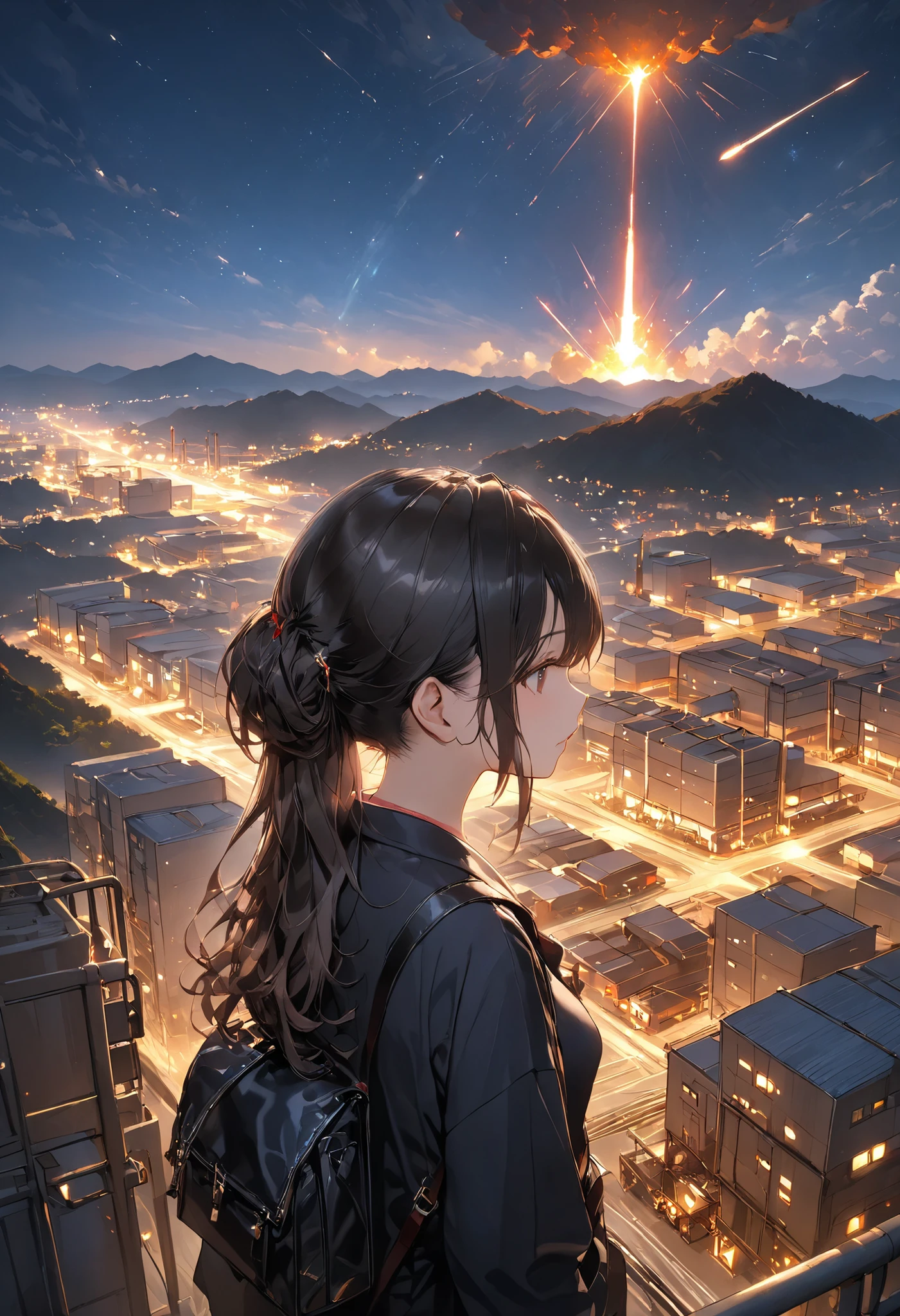 from the top of a small mountain、The factory in front of you、Factory night view、Jewel Illumination、Girl watching 、meteor、空から降り注ぐmeteor、無数のmeteor群、